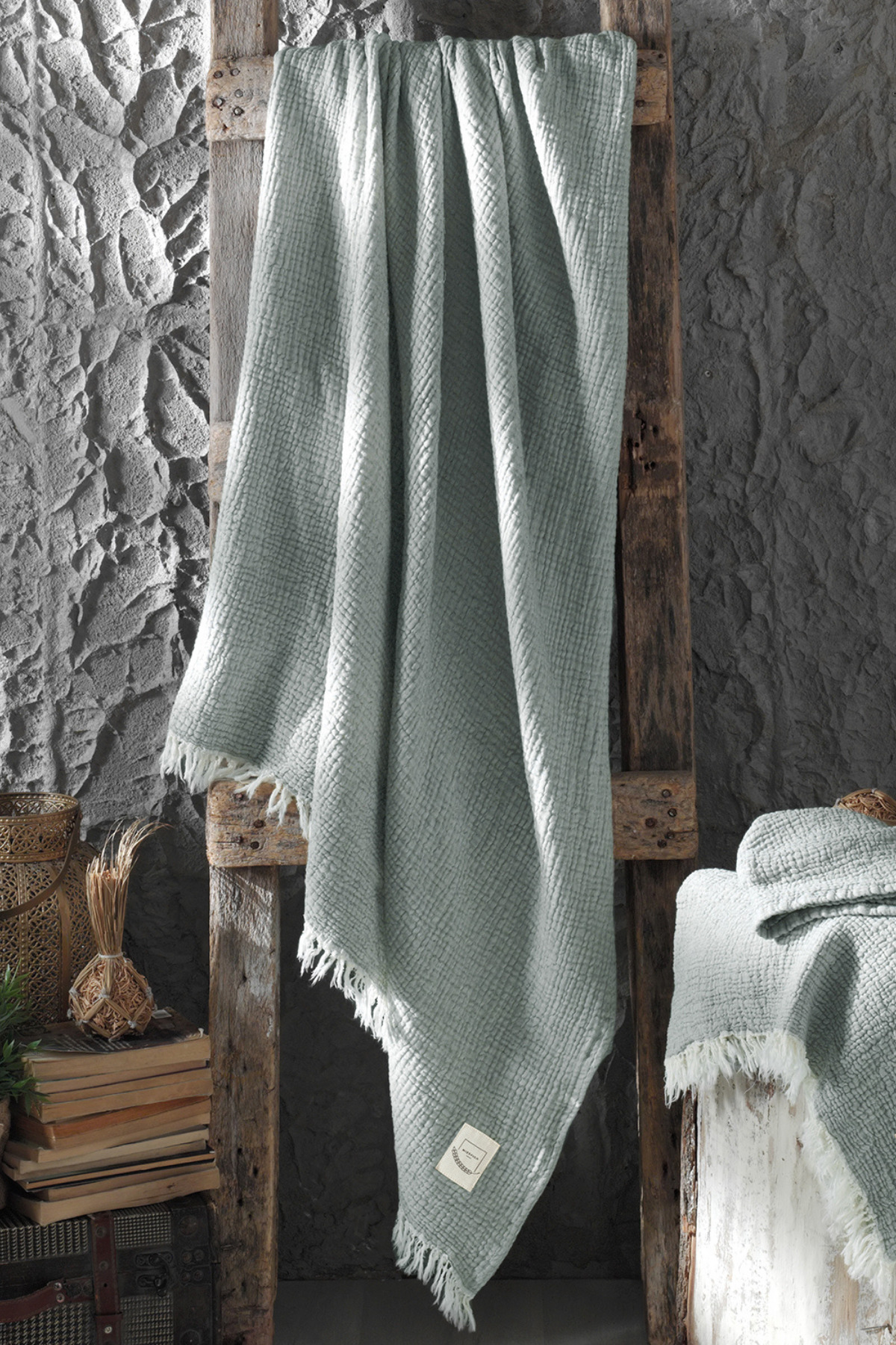 Gold 3 Layers Muslin Peshtemal Beach Towel Sea Green 125x190