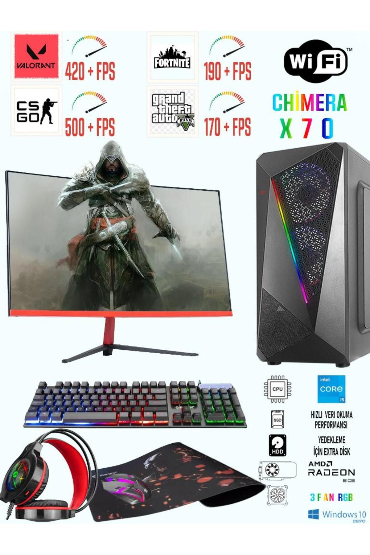 CHİMERA X70 İ5 9400F / RX580 8GB / 256GB SSD 1TB HDD / 16GB RAM / 23.6'' CURVED OYUNCU BİLGİ