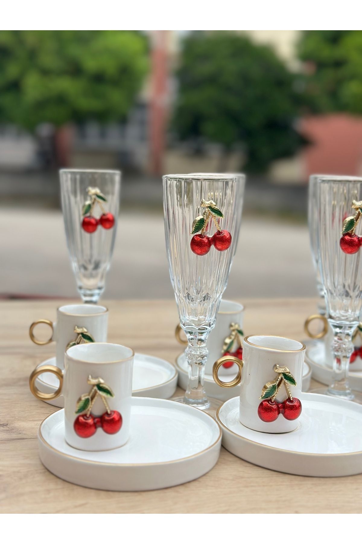 6 Kişilik Kirazlı Kahve Yanı Su Bardak Flüt