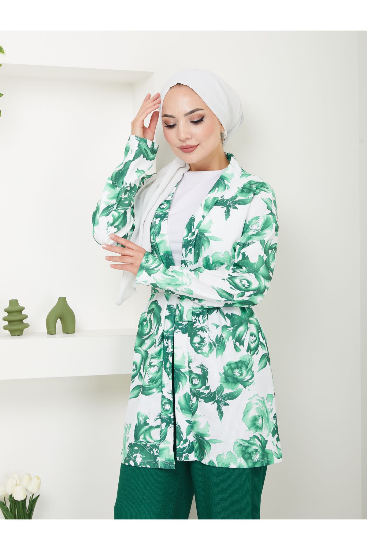 VOLT CLOTHİNG-Blumengemustertes Damen-Kimono-Set - Ohne Verschluss und mit Gürtel 6