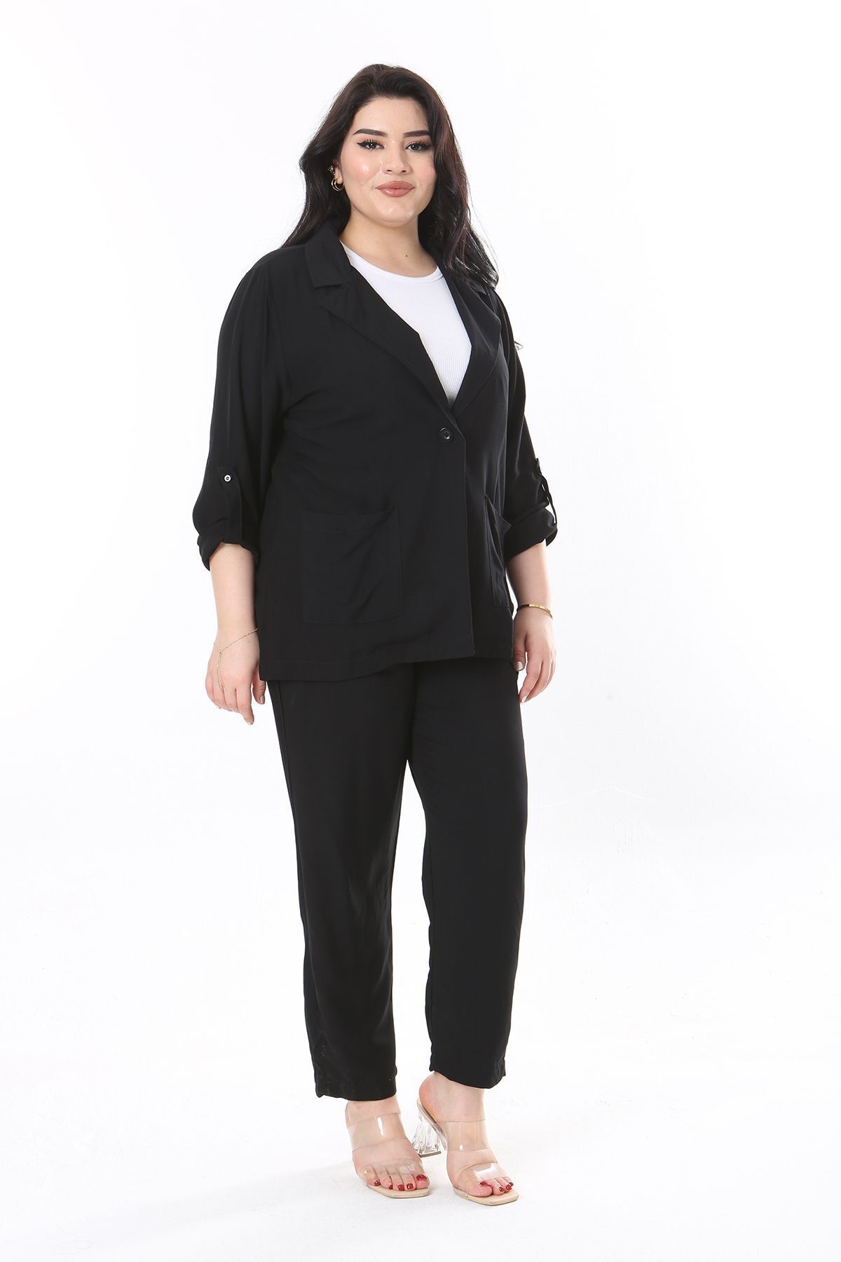Şans-Set jachetă neagră mărime plus și pantaloni cu talie elastică - 65N37950 7