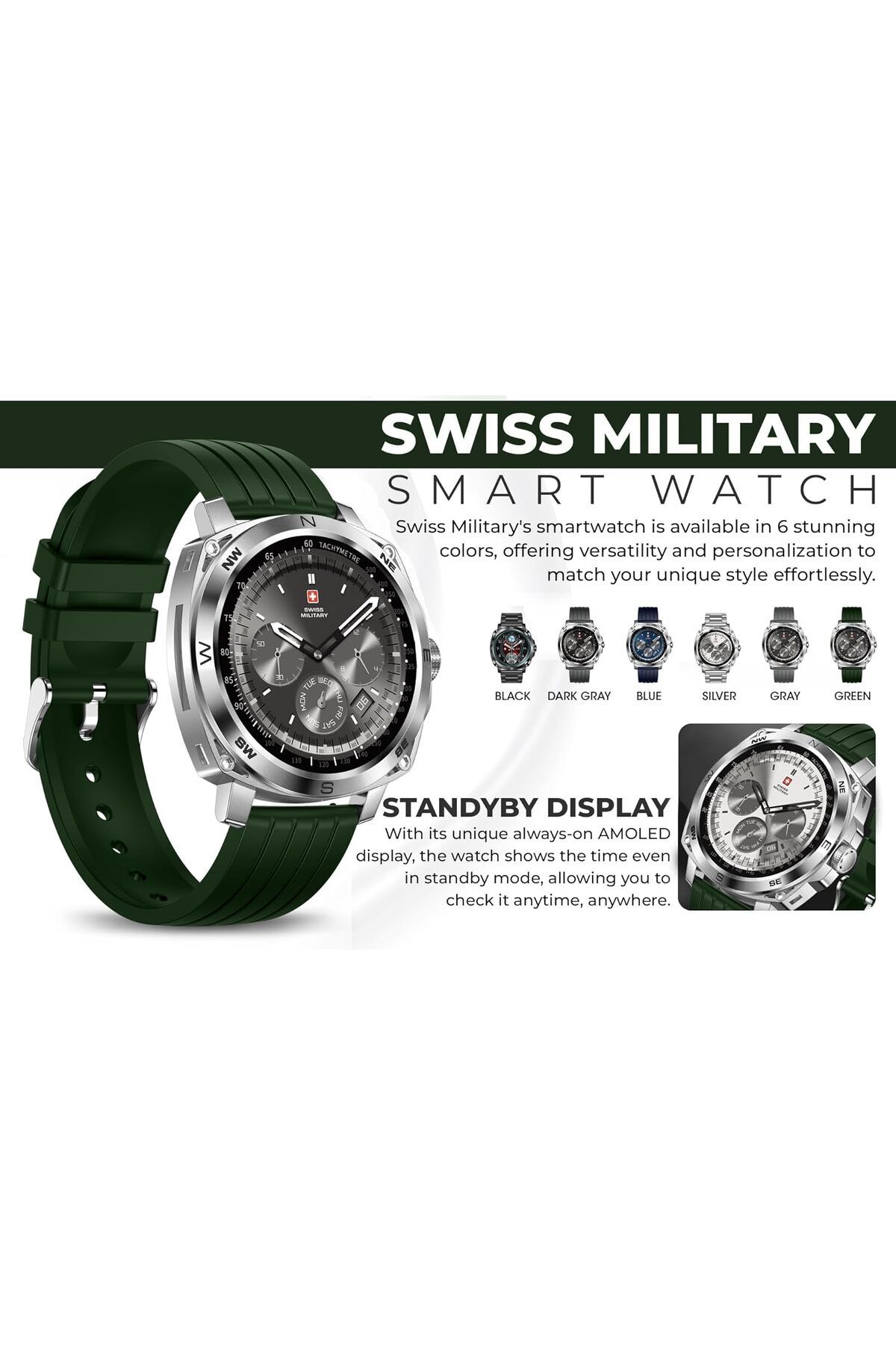 Swiss Military-Dom 4 Smartwatch 1.43" AMOLED, Call, Health Monitor, IP67, iOS/Android Compatible, Green 5