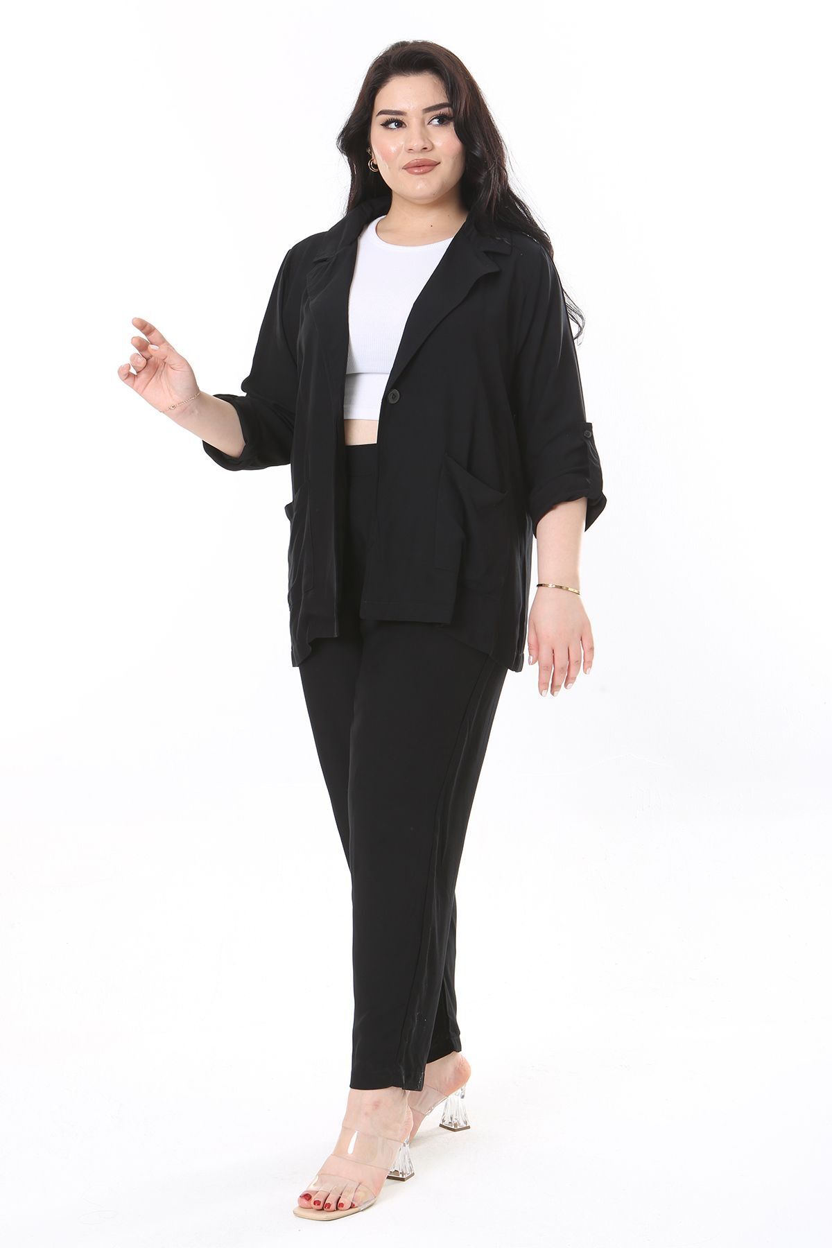 Şans-Set jachetă neagră mărime plus și pantaloni cu talie elastică - 65N37950 4
