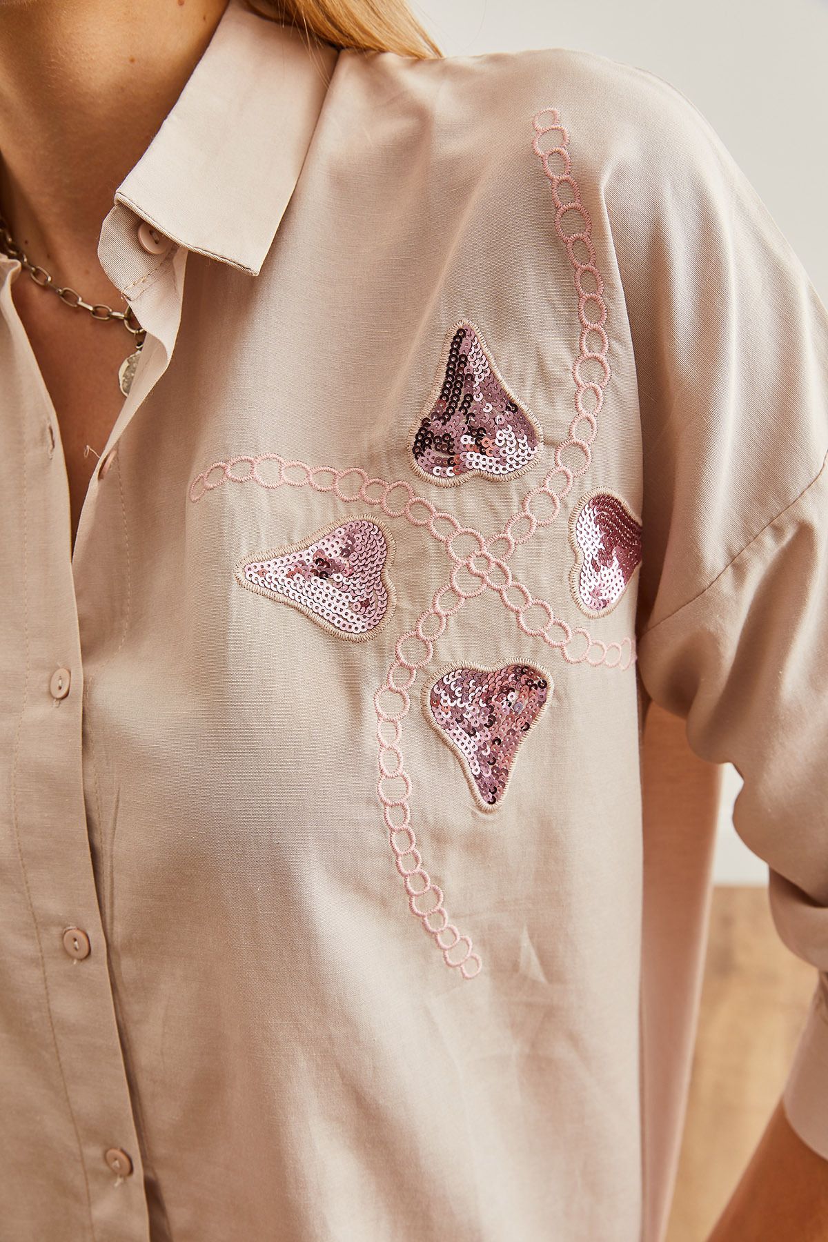 Olalook-Heart Stoned Palm Shirt - Gewebt, Paillettenbesatz, GML-19001225 8