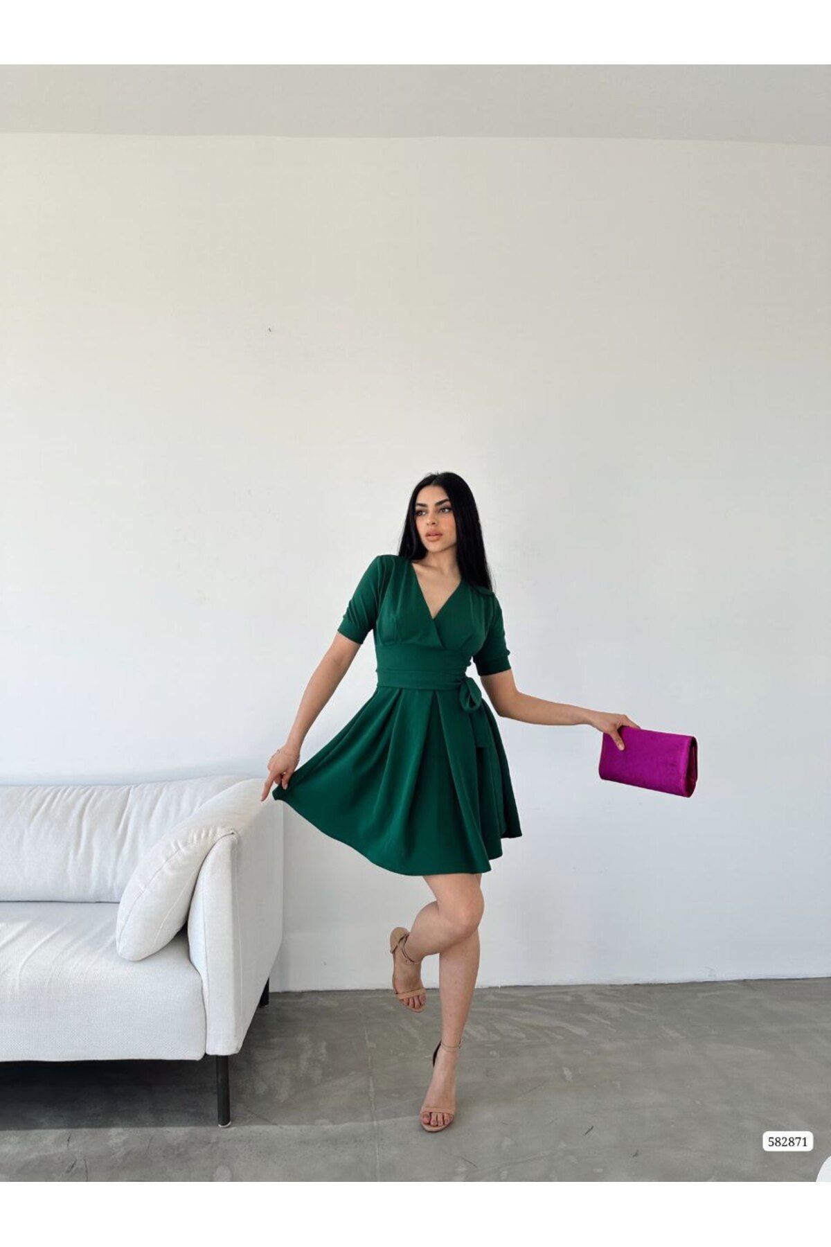 Women's Green Wrap Collar Short Sleeve Waistband A line Waistband Short Evening Dress