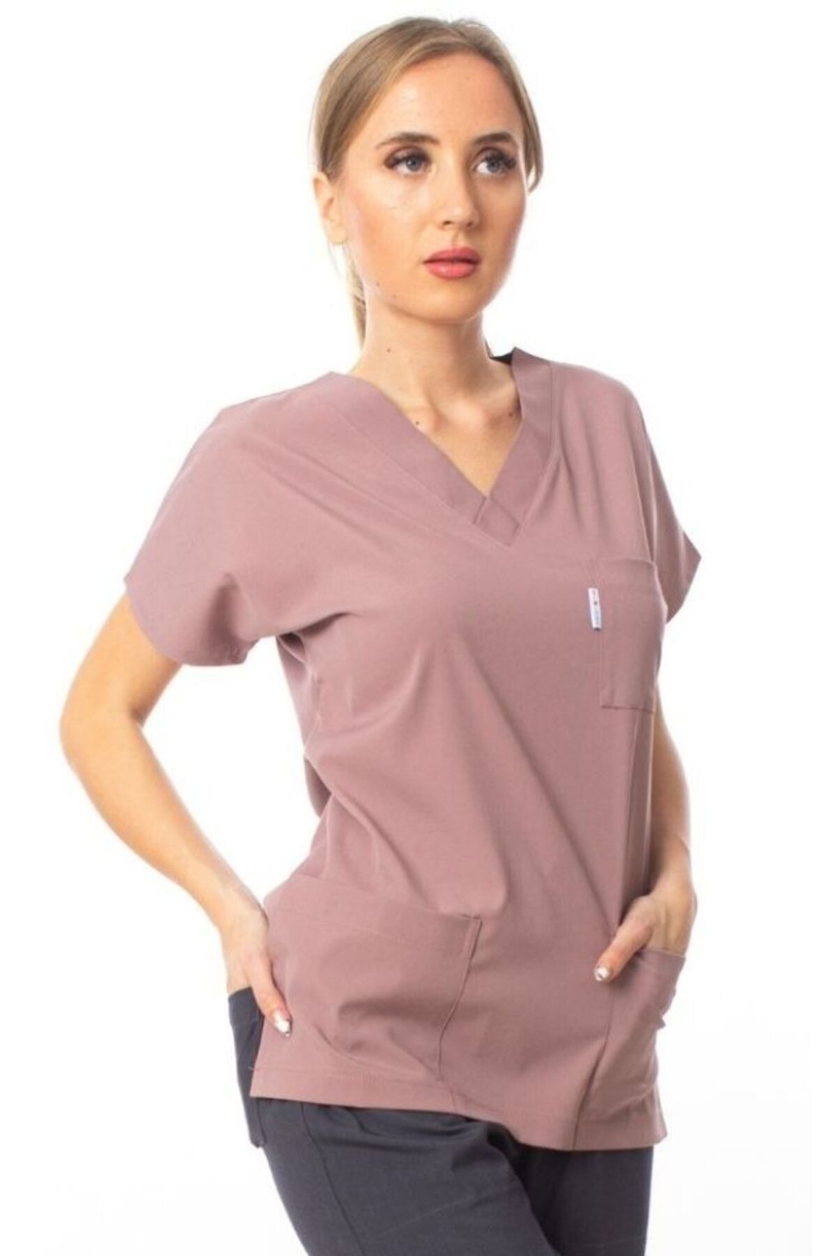 Simirna Üniforma Lycra Chirurgical Doctor Asistentă Scrubs Dusty Rose Jersey Single Top - M