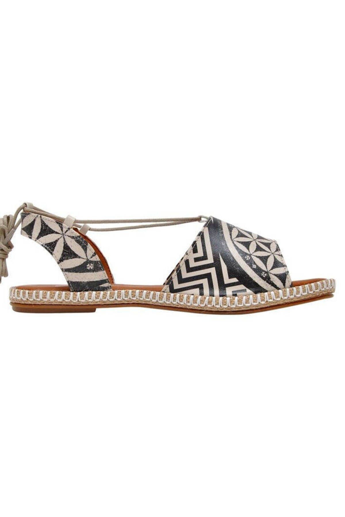 Dogo-Women's Vegan Leather Black Lace-up Sandals - Mosaics Design 4