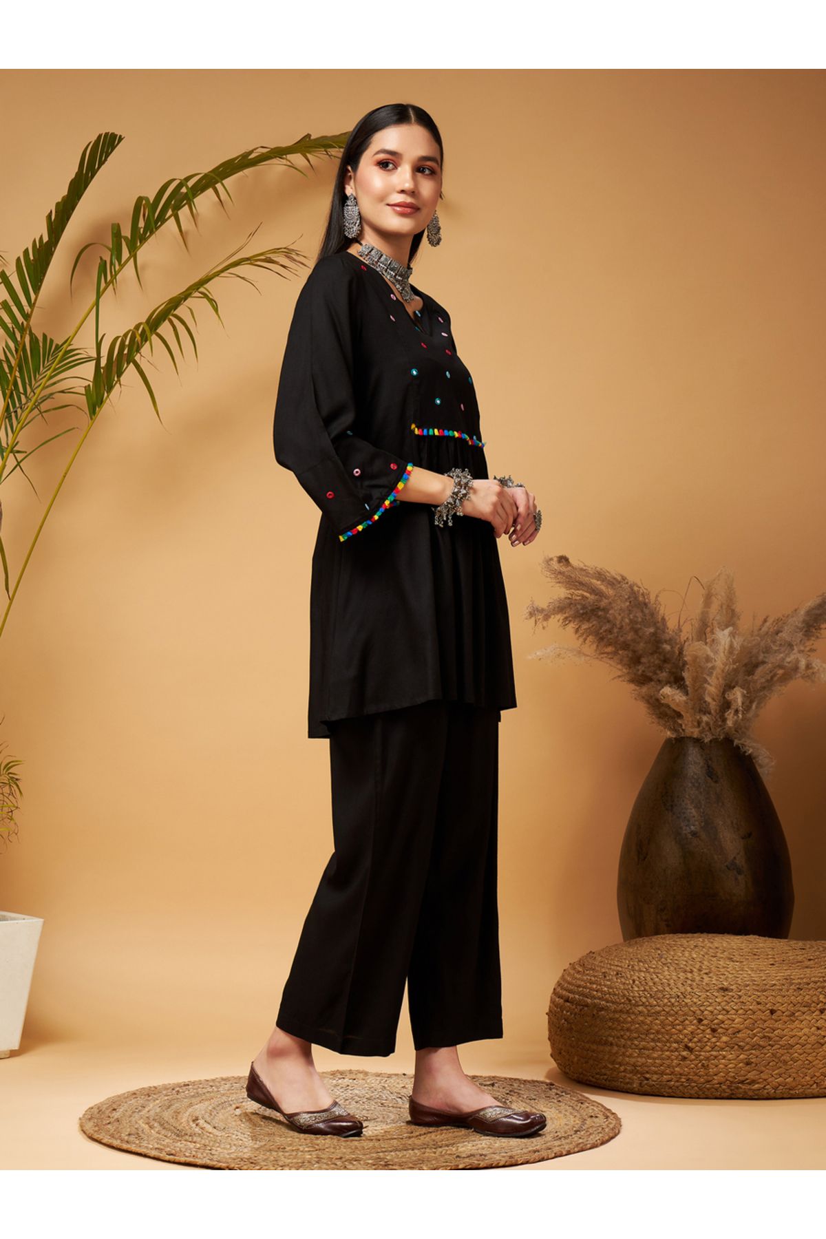 Sassafras By Styli-Mirror Work Embroidered Pom Pom Trim Kurti and Palazzos Set 3
