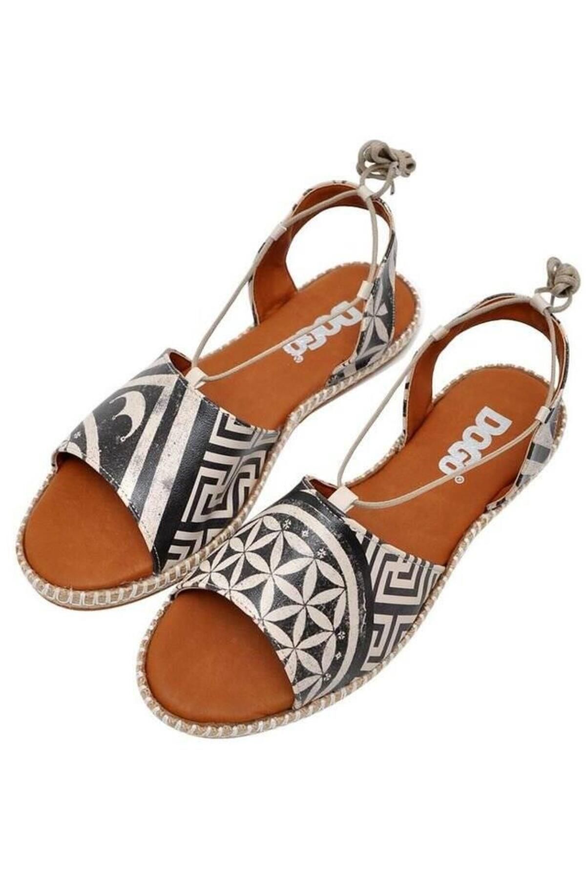 Dogo-Women's Vegan Leather Black Lace-up Sandals - Mosaics Design 2