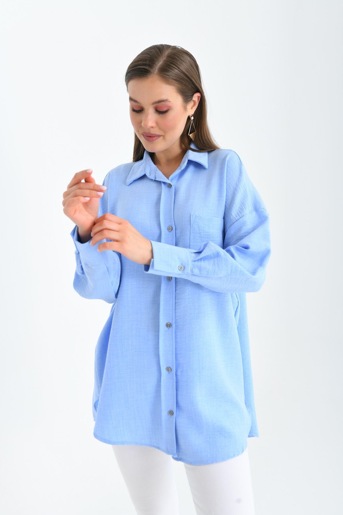 Kiremit-Baby Blue Wide Cut Linen Blended Shirt 2