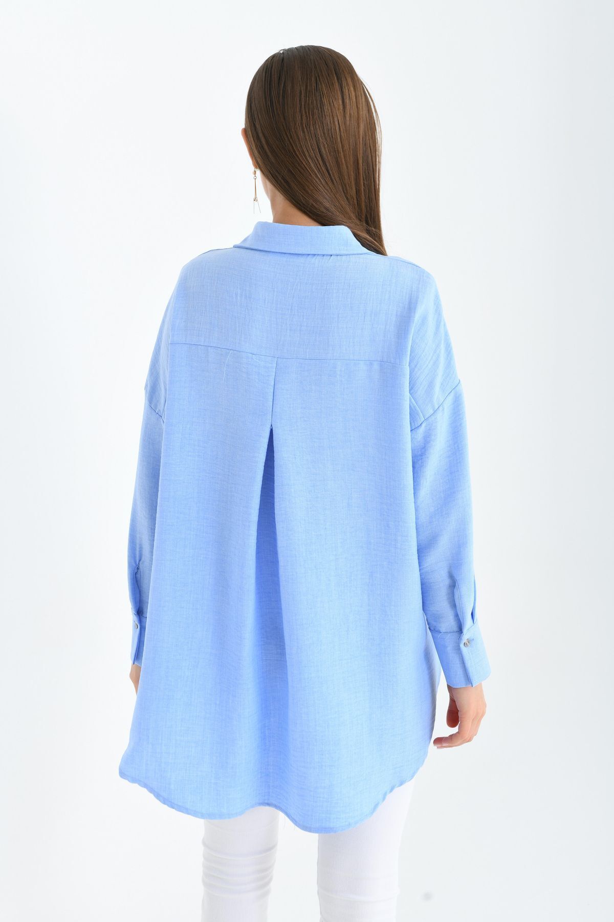 Kiremit-Baby Blue Wide Cut Linen Blended Shirt 6