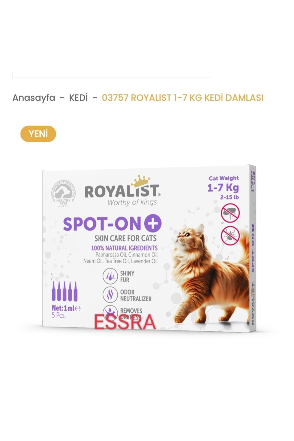 Royalist 100% Natural 1 Ve 7 Kg Arası Kedi Ense Damla 5 Kullanımlık Paket