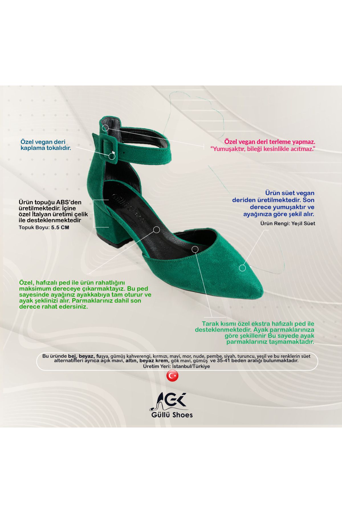 Güllü Shoes-Pantofi de damă din piele întoarsă verde Rochie de seară pantofi de mireasa cu toc gros stiletto 5,5 cm 2