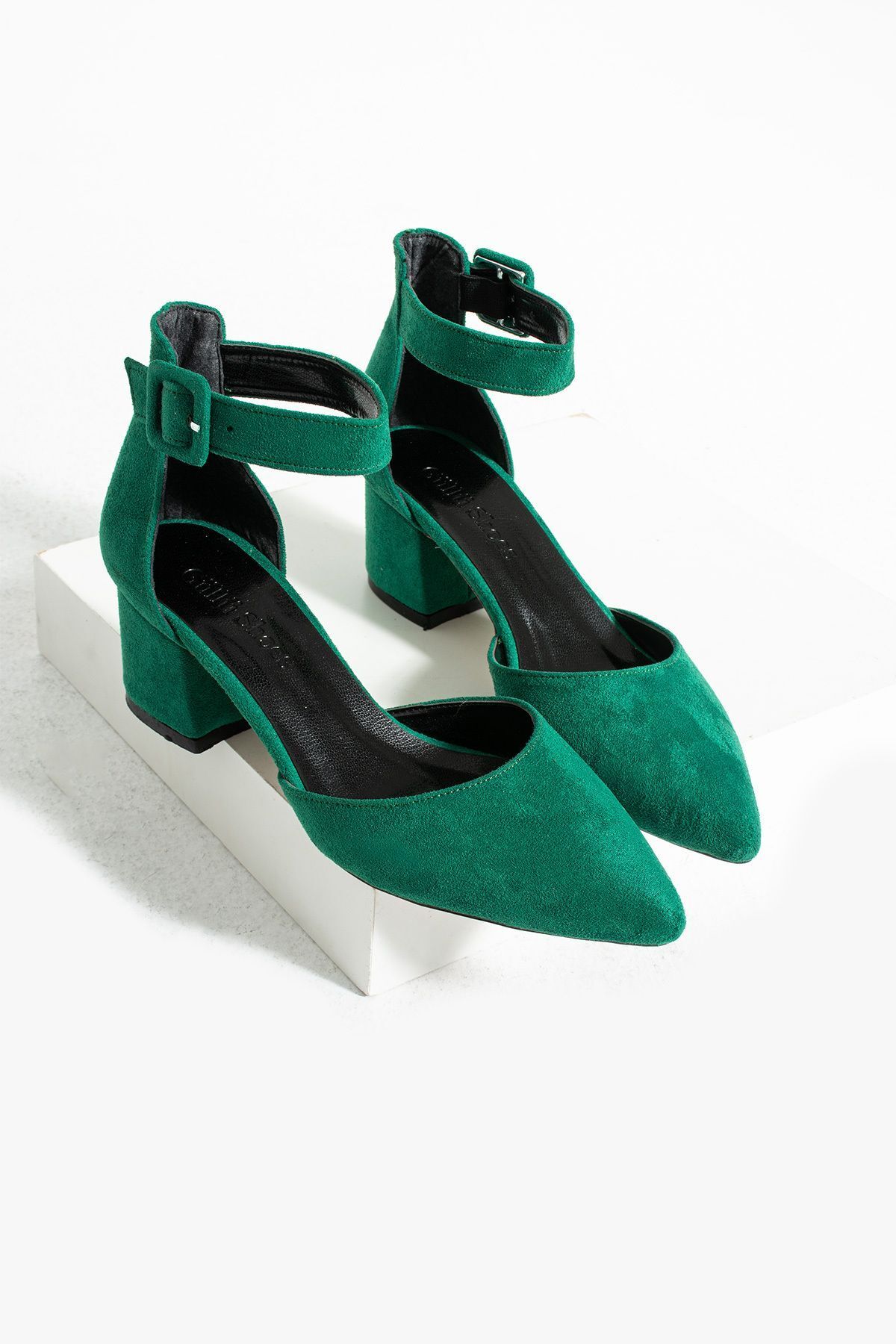 Güllü Shoes-Pantofi de damă din piele întoarsă verde Rochie de seară pantofi de mireasa cu toc gros stiletto 5,5 cm 1