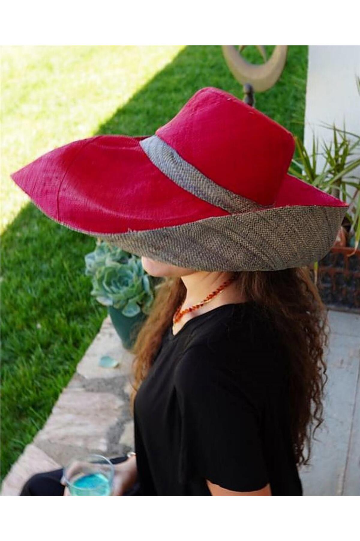 ByEnBi-Handmade Raffia Hat from Madagascar 2-Color Foldable Red Grey 2