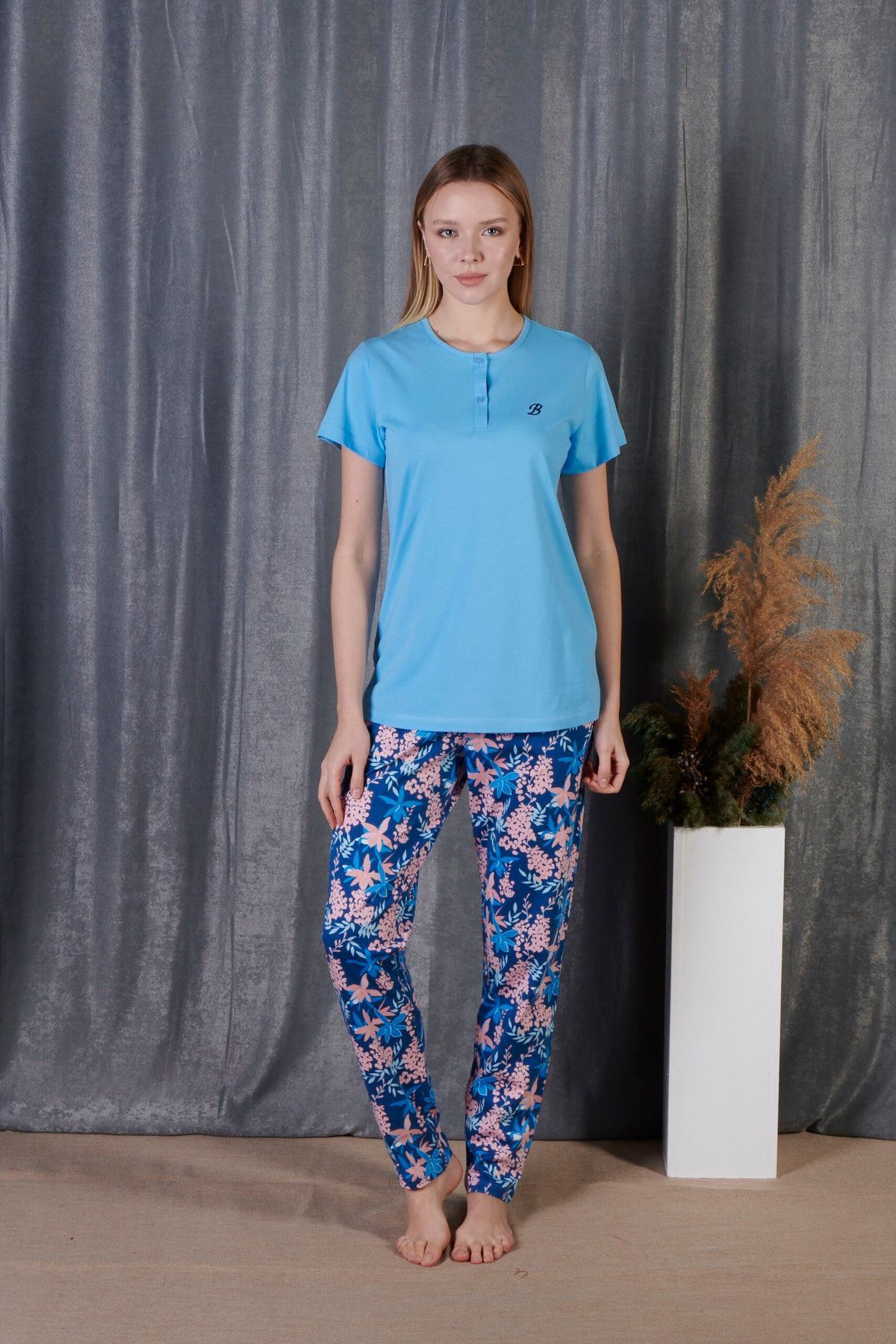 BAŞAKSU COLLECİTON-Başaksu Collection - Short Sleeve Pajama Set with Placket 3
