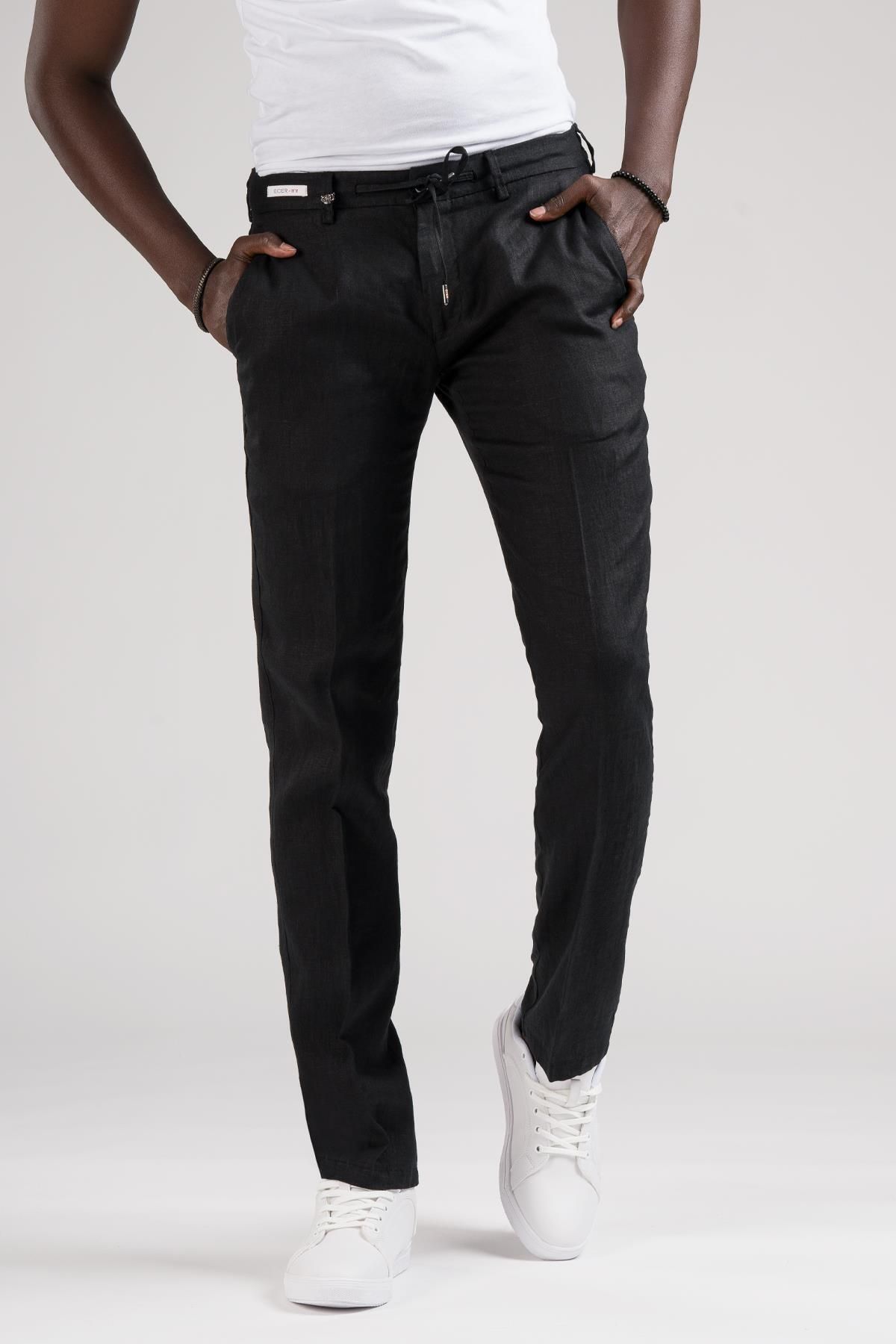 Ecer-Pantaloni de jogging din in brut - 100% in, slimfit, talie elastică și fir 2