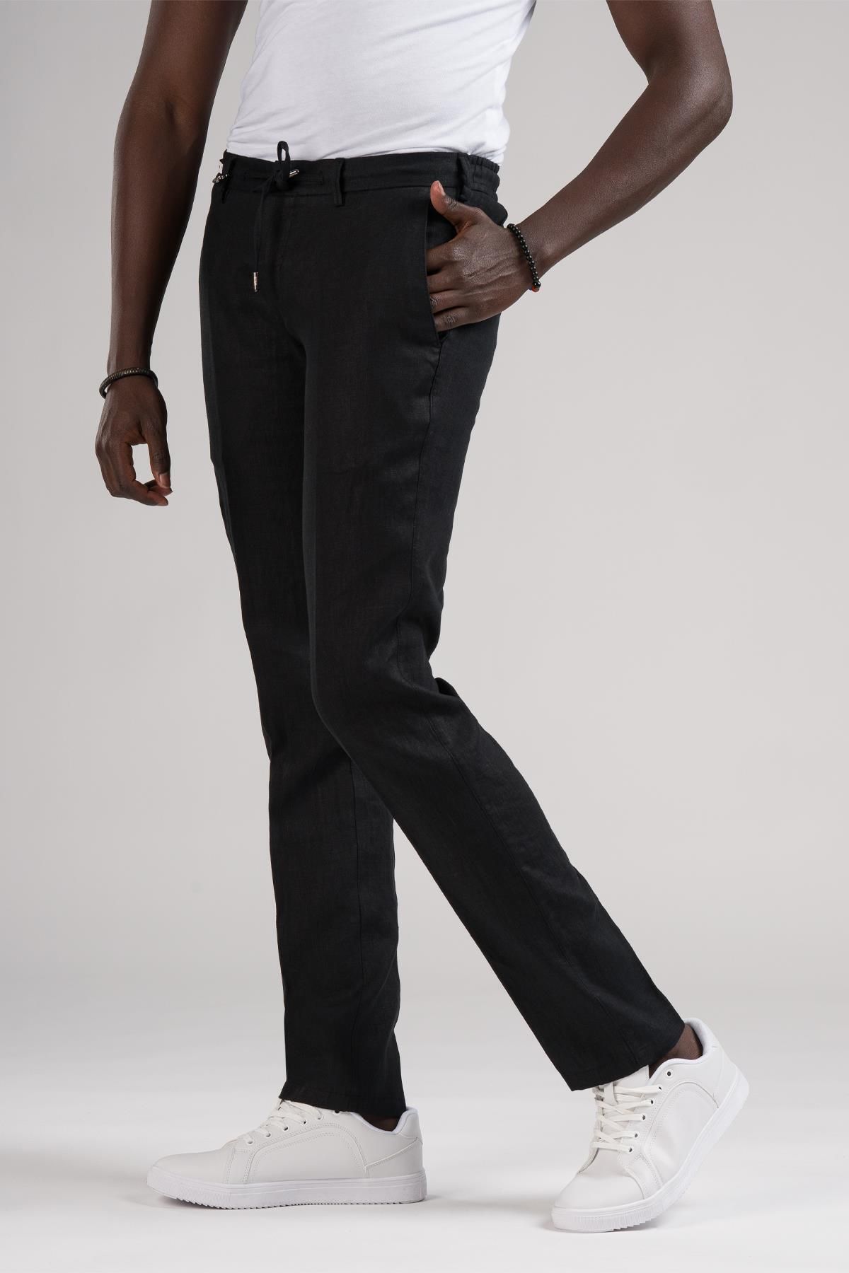 Ecer-Pantaloni de jogging din in brut - 100% in, slimfit, talie elastică și fir 4