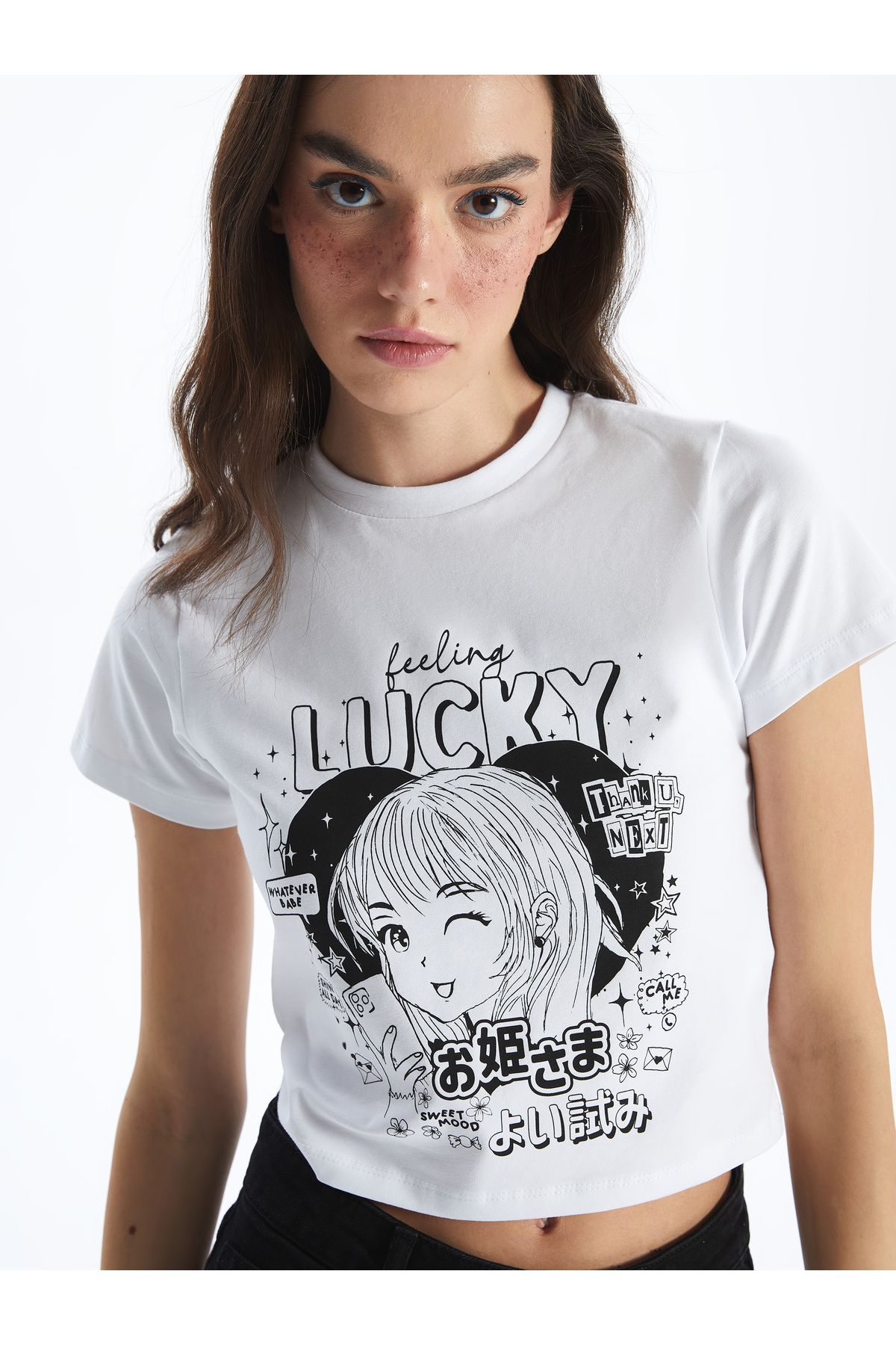 LC Waikiki Crop Damski – Okrągły Dekolt, Z Nadrukiem, Z Krótkim Rękawem Kobieta - XS