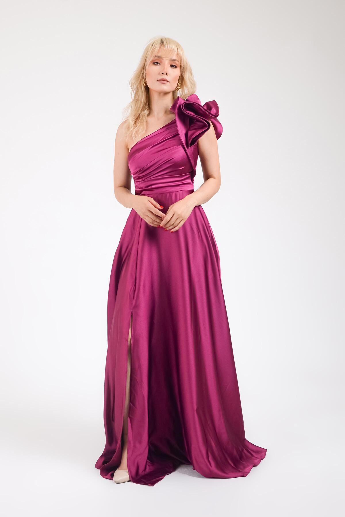 Damson One Shoulder Flywheel Evening Dress