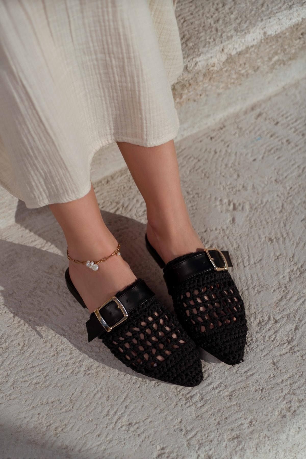 NİŞANTAŞI SHOES Najlepsze Czarne, Dzianinowe Kapcie Damskie Z Płaską Podeszwą Kobieta - 36