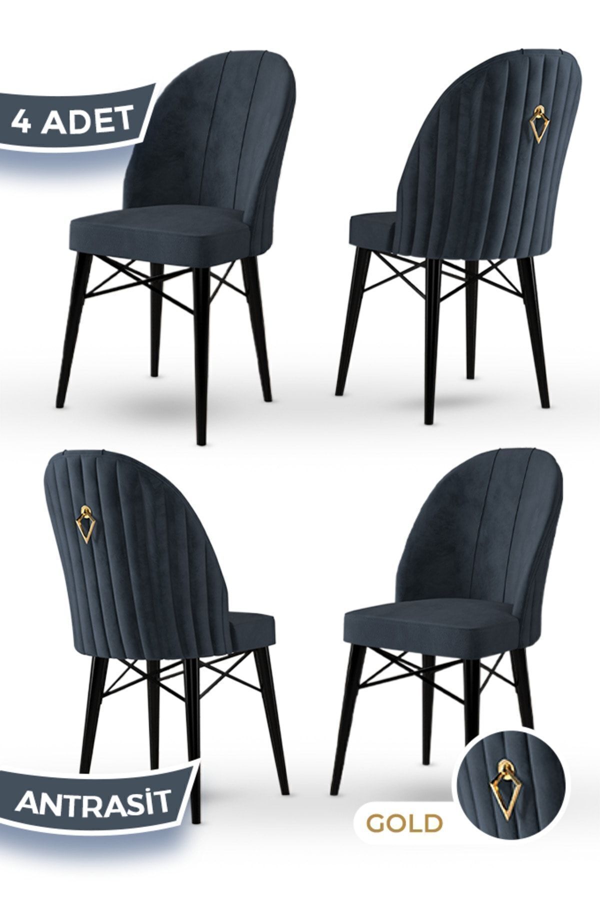 Rhythm Series 1st Class Babyface Imported Fabric, 4 Dark Blue Chairs, Black Hornbeam Feet, Gold Ring