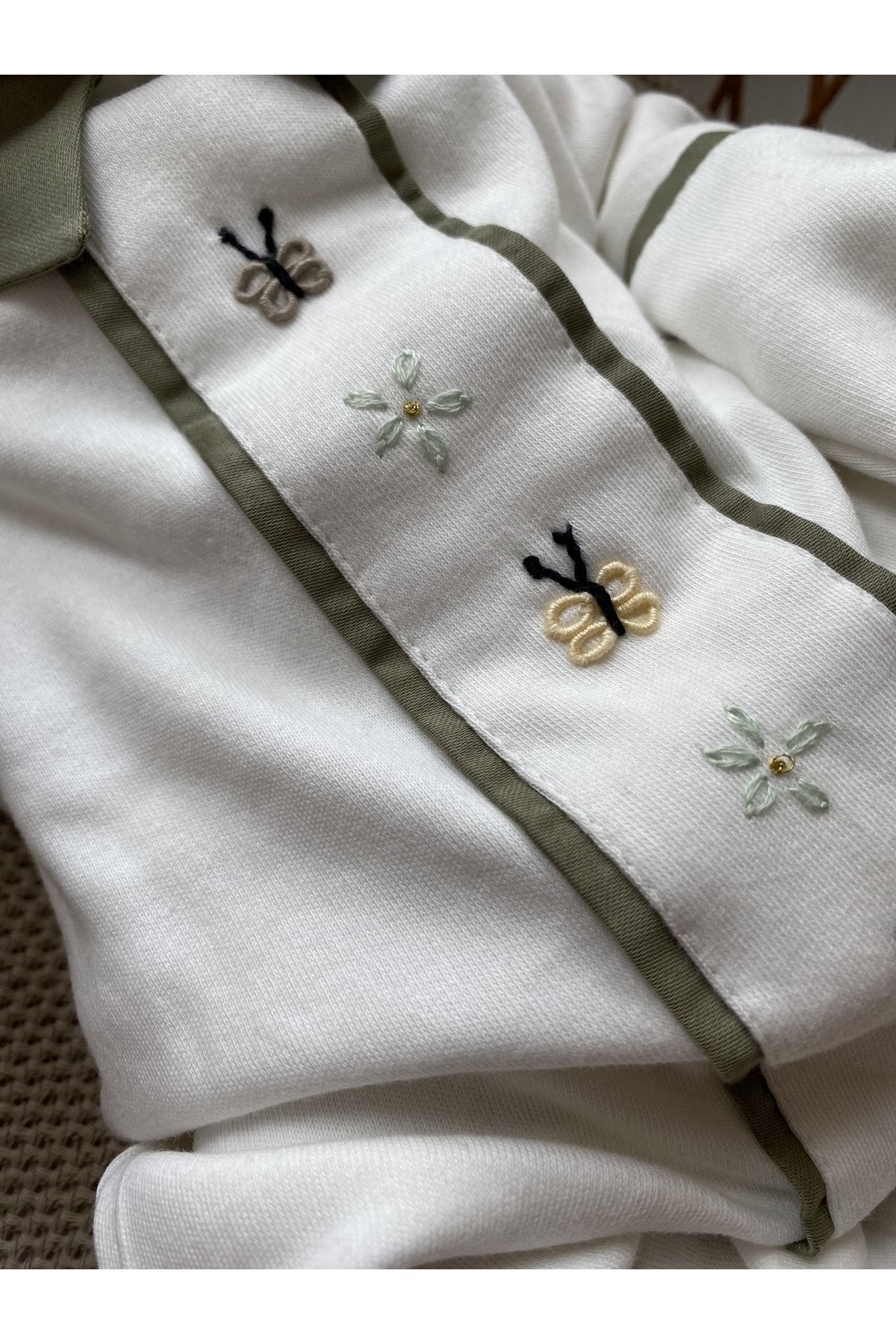 Mama Miel Baby Haki El İşlemesi Kelebekli Yenidoğan Tulum ve Fırfırlı Bere Şapkası fotoğrafı 3 (önizleme)