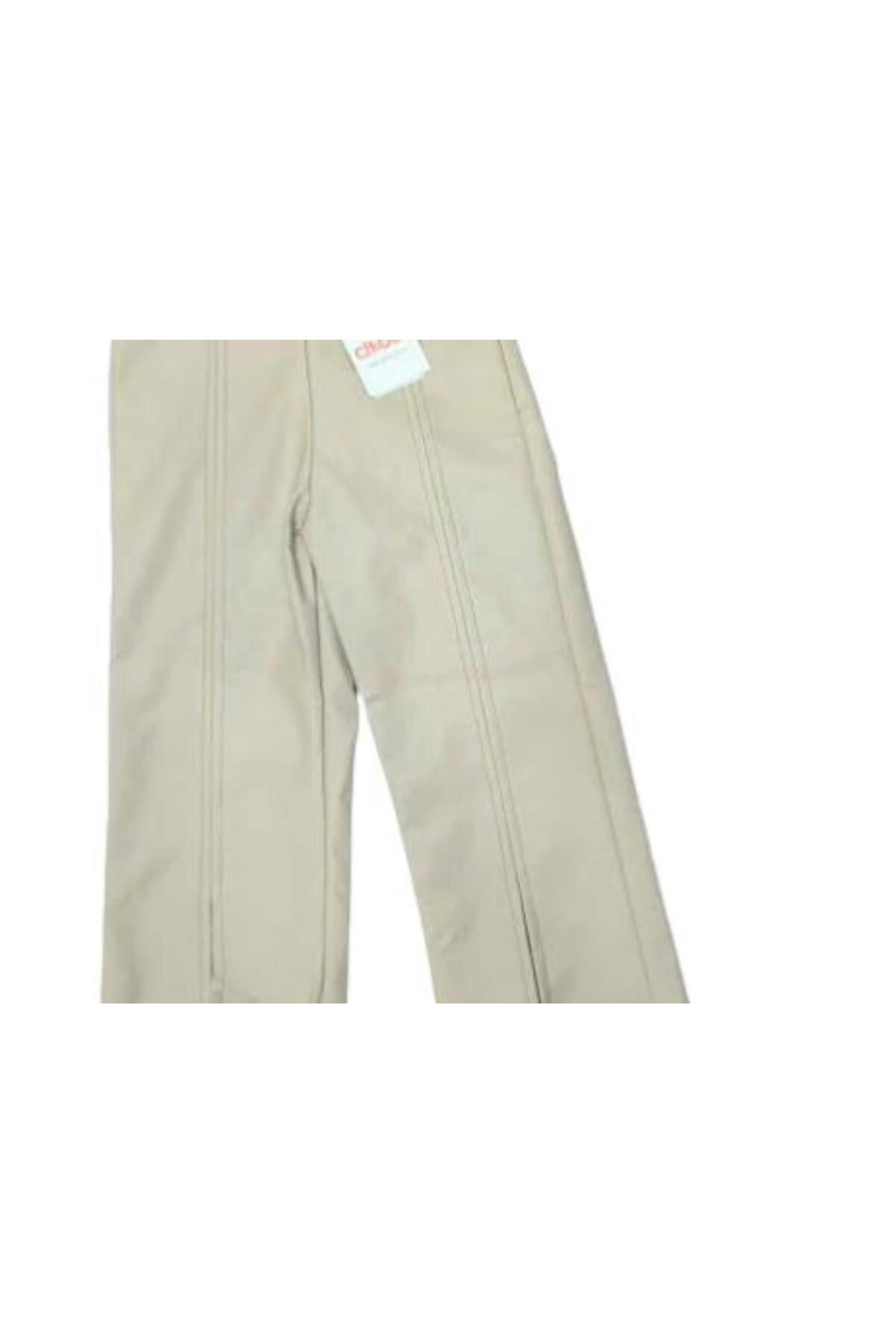 Çikoby-Girl's Beige Leather Trousers with Side Zipper and Slits 5
