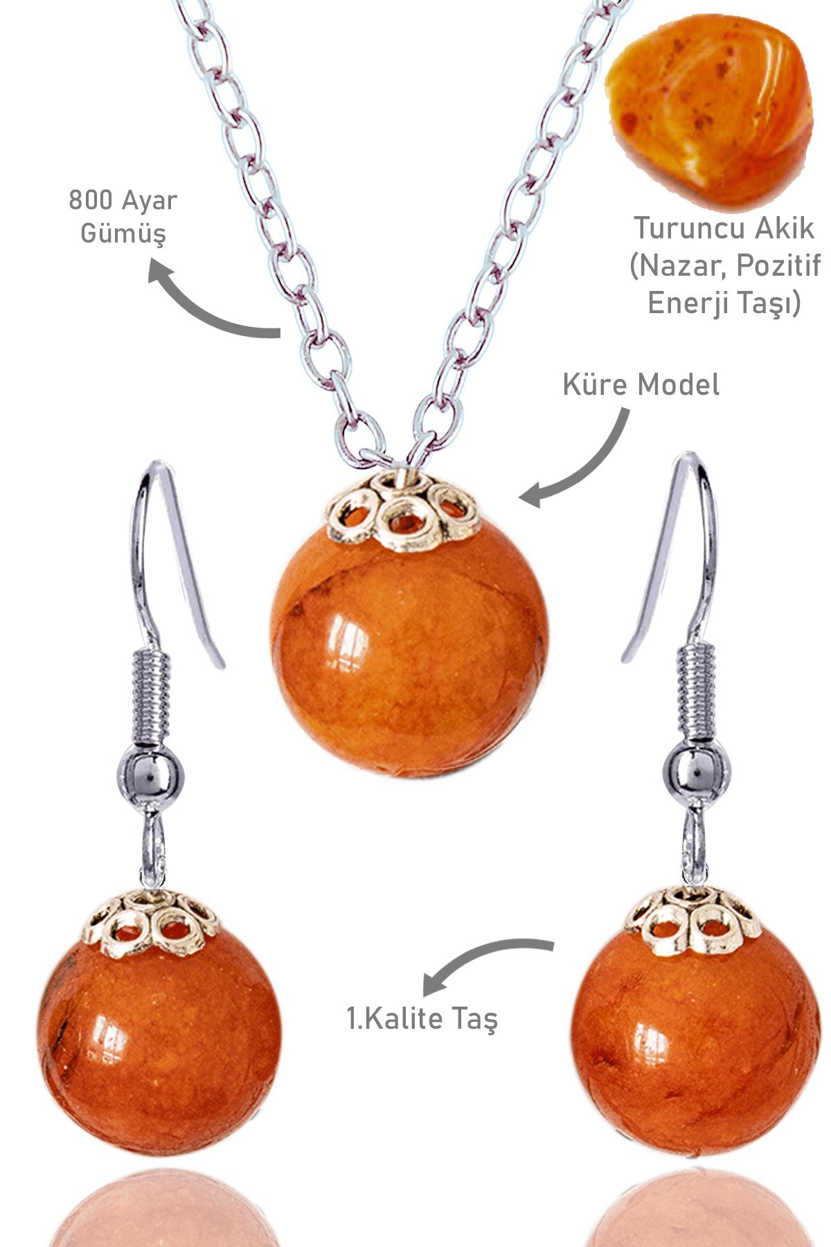 Tesbih Atölyesi Sertifikalı Küre Model Turuncu Akik Taşı Kolye ve Küpe Seti - Gümüş Aparatlı