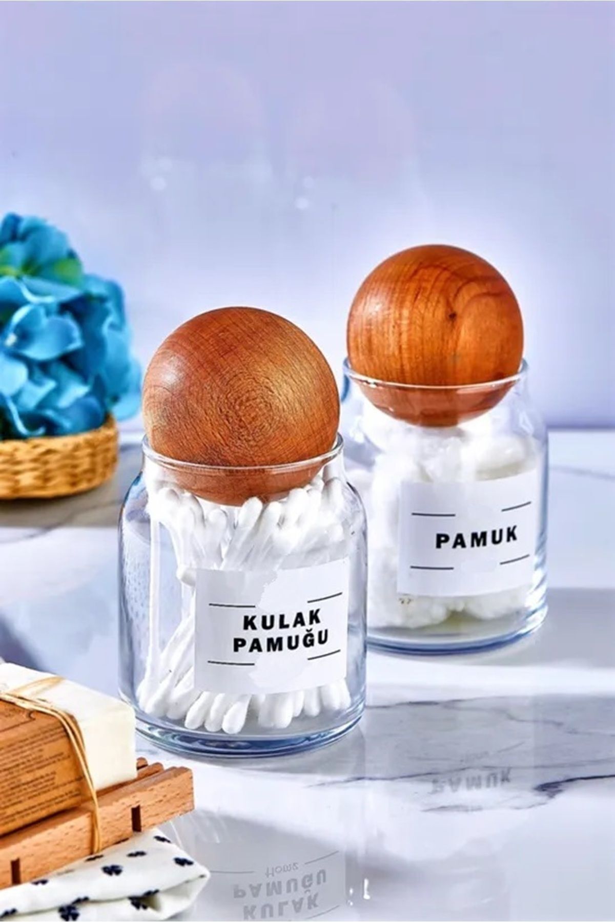 Cam Dekoratif Top Kapaklı Kulak Pamuğu Ve Pamuk Kavanozu 300 ml Pamukluk