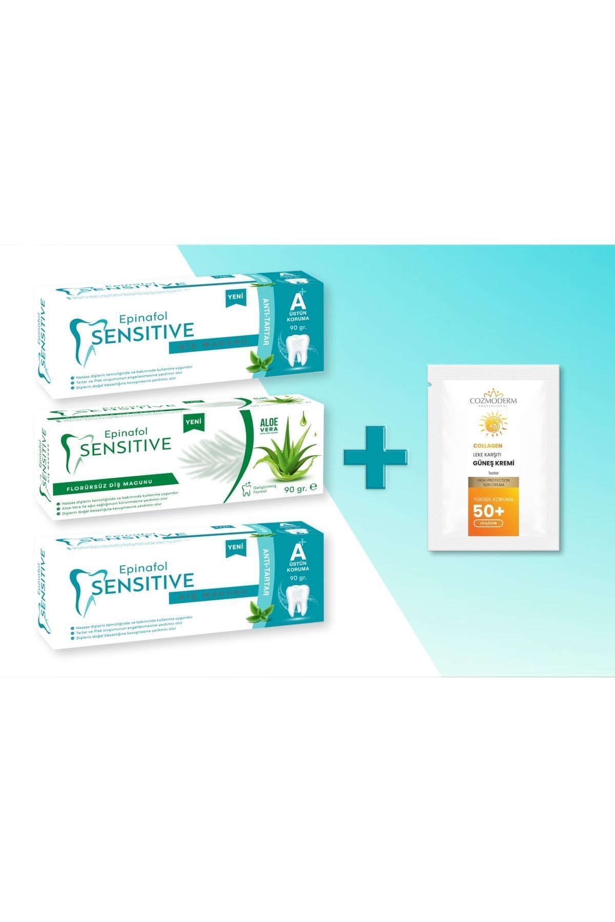 Epinafol Sensitive-مجموعة مختلطة مكونة من 3 معجون أسنان 90 جرام 2 مضاد للتارت 1 صبار 4