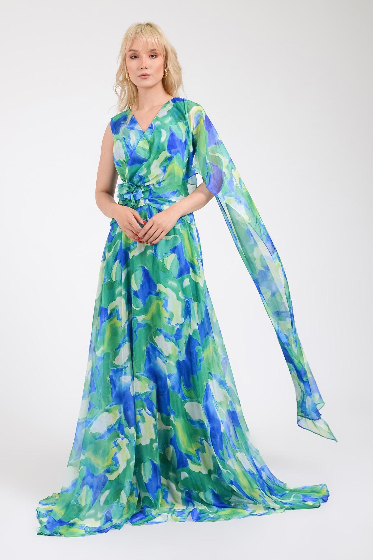 Green Flower Patterned Cloaked Evening Dress