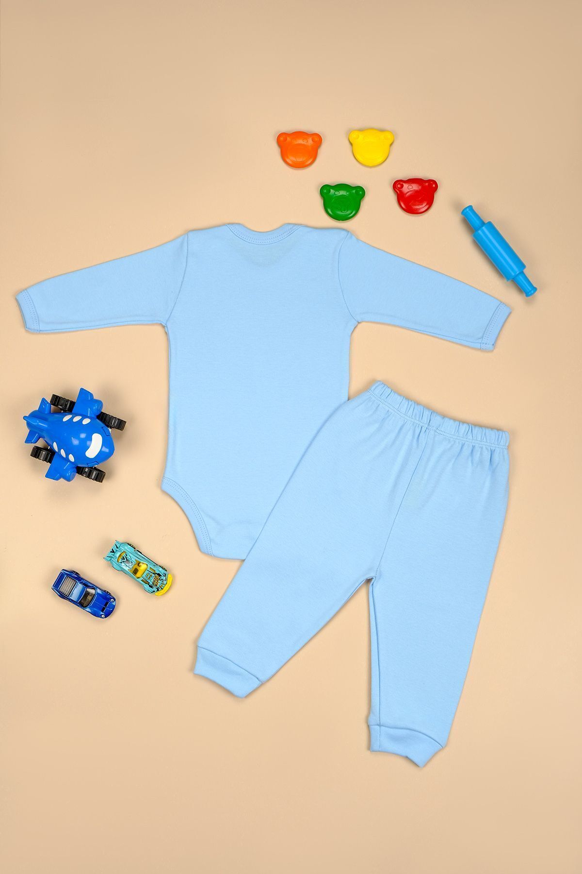 ست نوزادی پسرانه – دخترانه آبی bebetospik | uzunkol-takım2024-3 اورجینال - تصویر 2