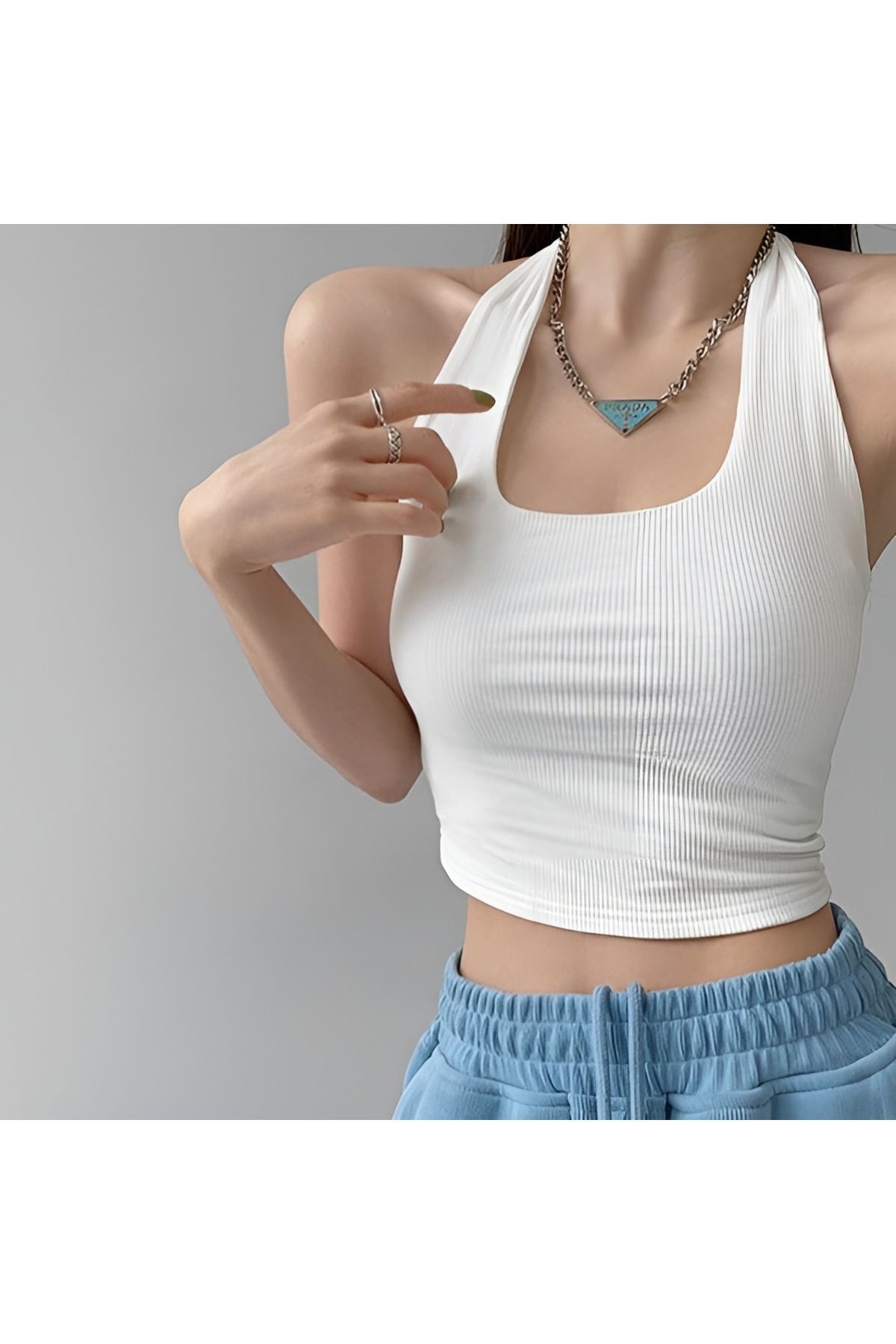 Kadın Çapraz Kolsuz 2 Lİ Adet Fitilli Crop Basıc Atlet Bluz