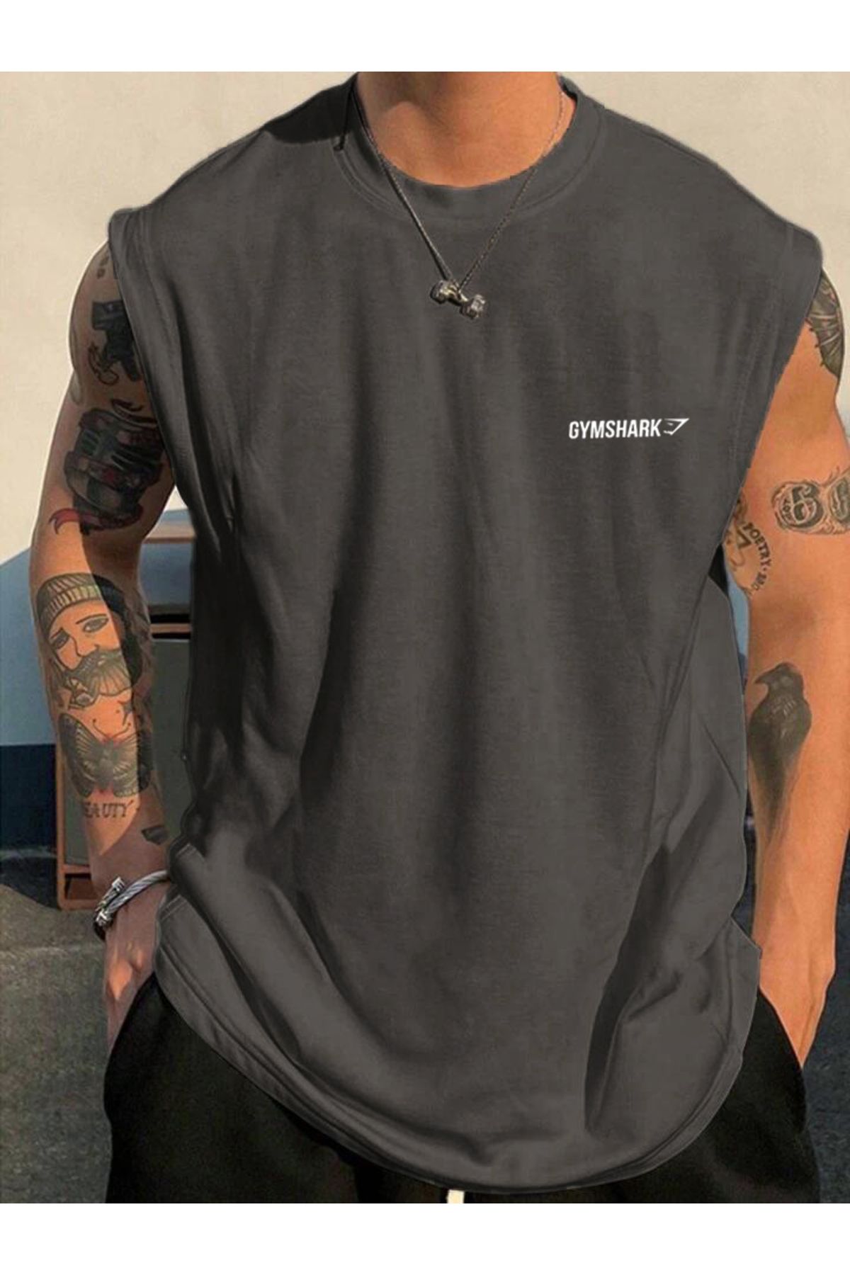 FAVORİST Tricou Oversize Gym Shark Cu Mânecă Zero Masculin - XL
