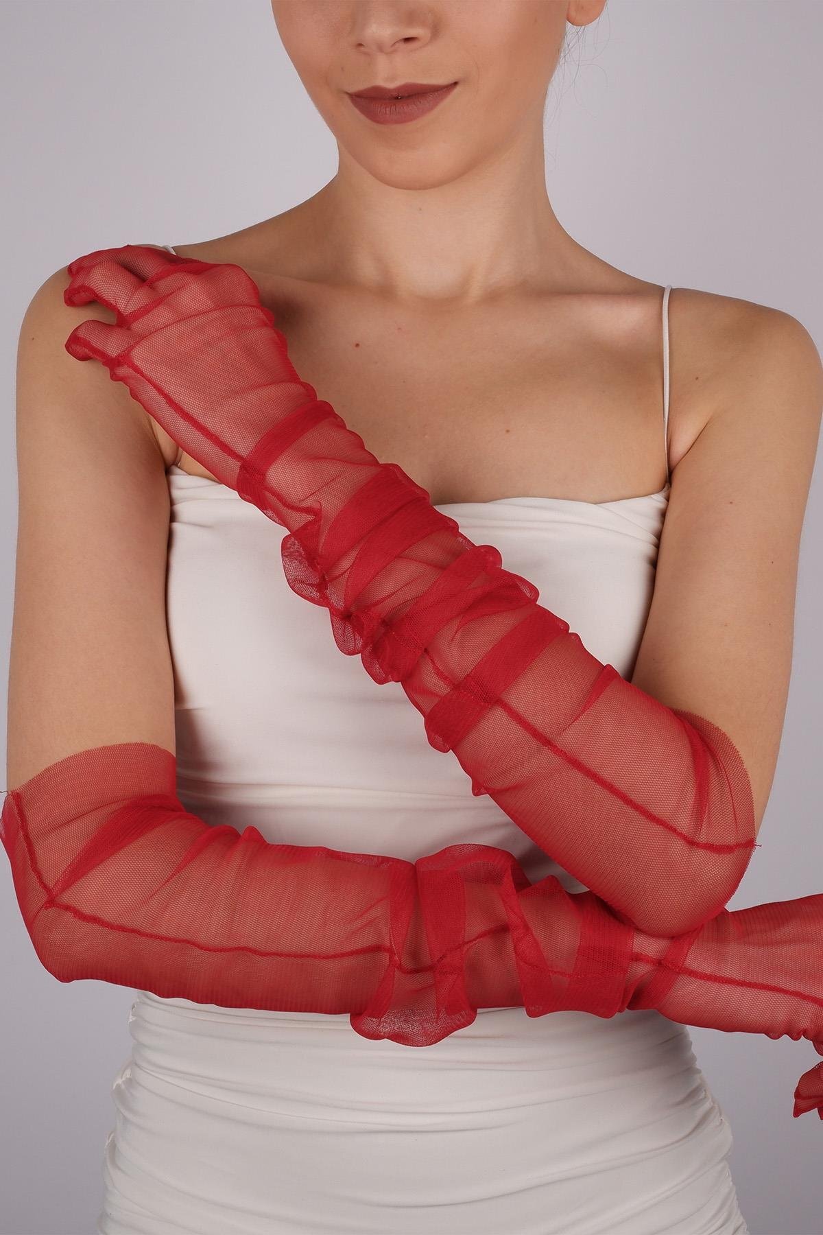 Hayalperest boncuk Kırmızı Uzun Şık Gelin Eldiveni Tül Eldiven Nikah/düğün Eldiveni görsel 2