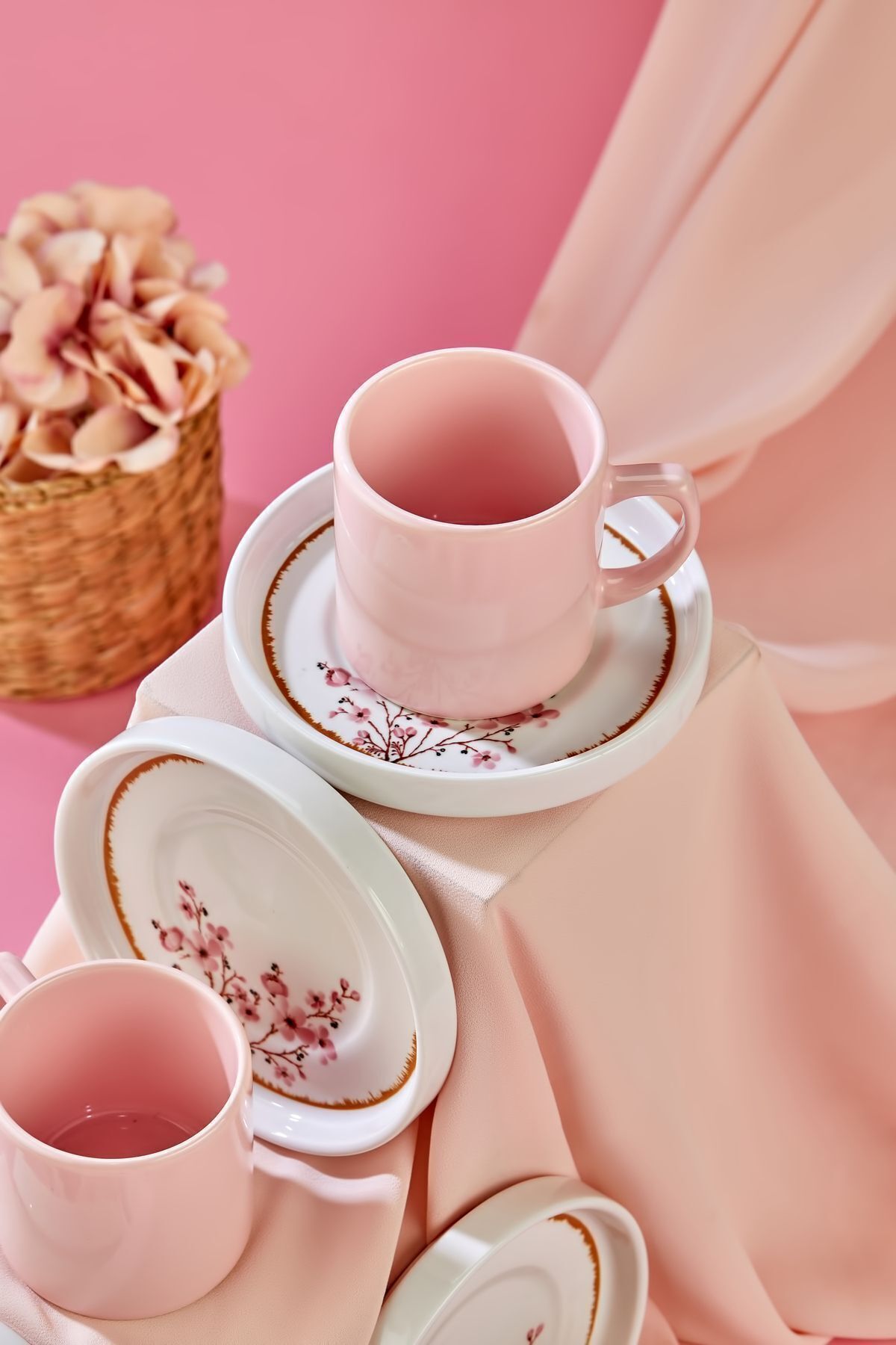 Babion-Bond Sakura 12 Piece Luxury Ceramic Coffee Cup Set for 6 People Pink 2