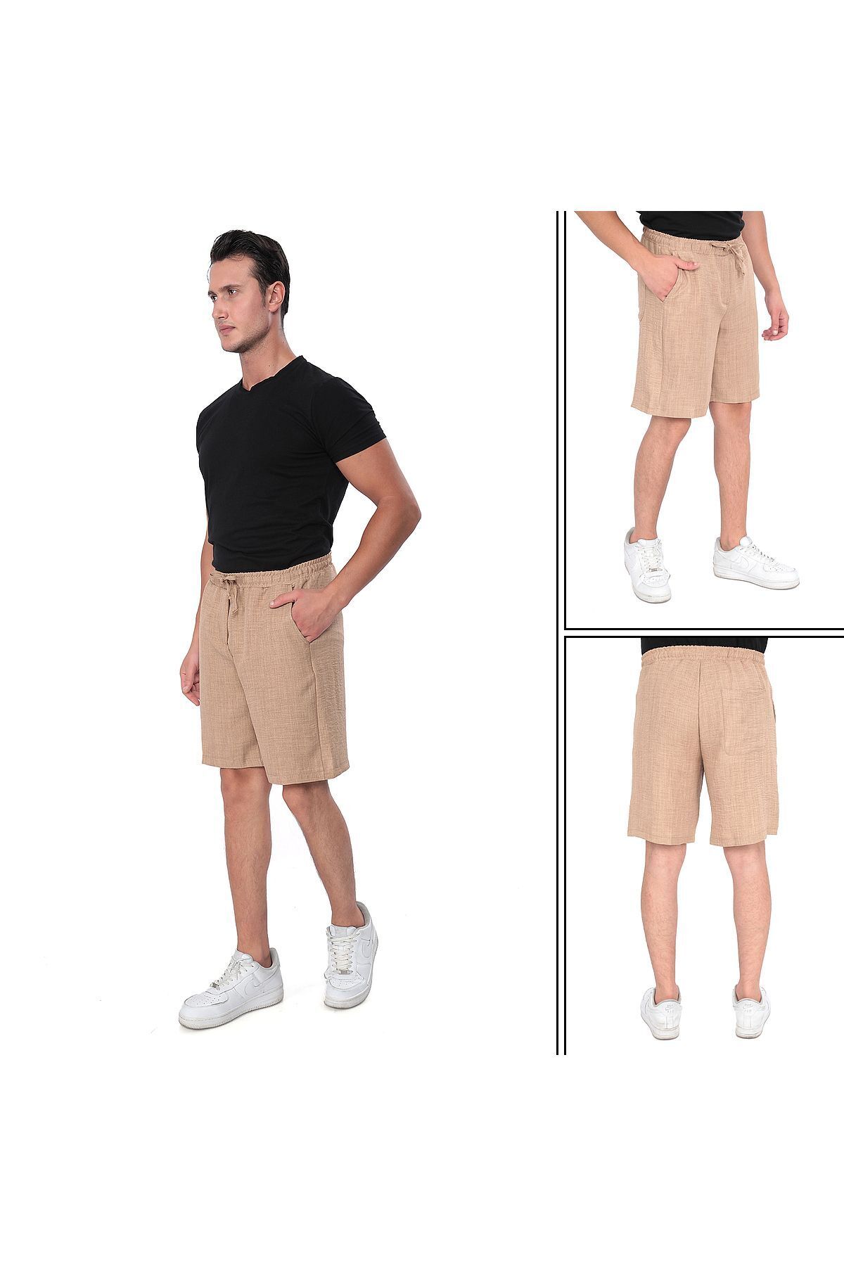 REYNEV-Linen Textured Men's Summer Shorts - Comfortable Fit with Elastic Waist and Pockets 1
