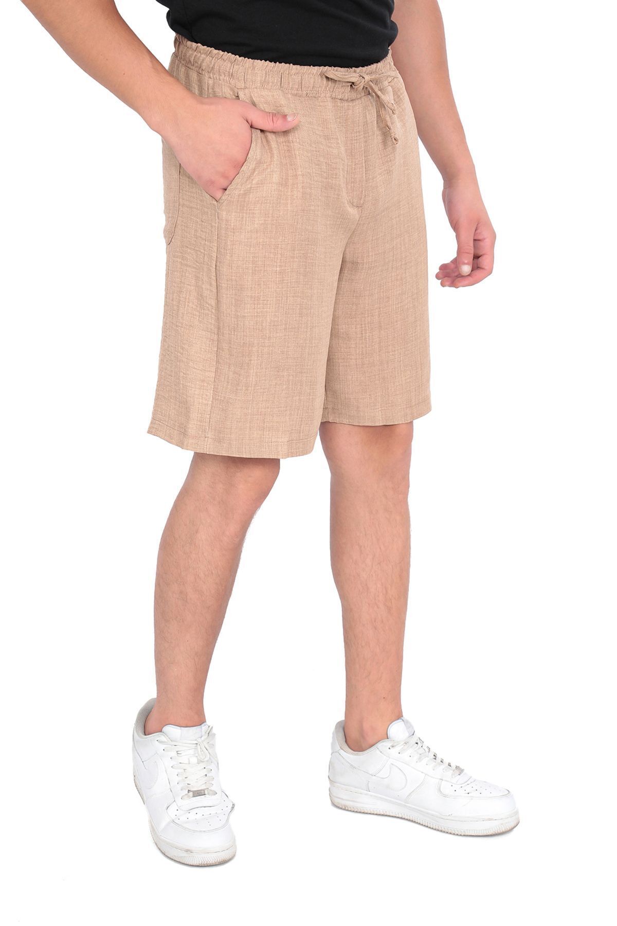 REYNEV-Linen Textured Men's Summer Shorts - Comfortable Fit with Elastic Waist and Pockets 4
