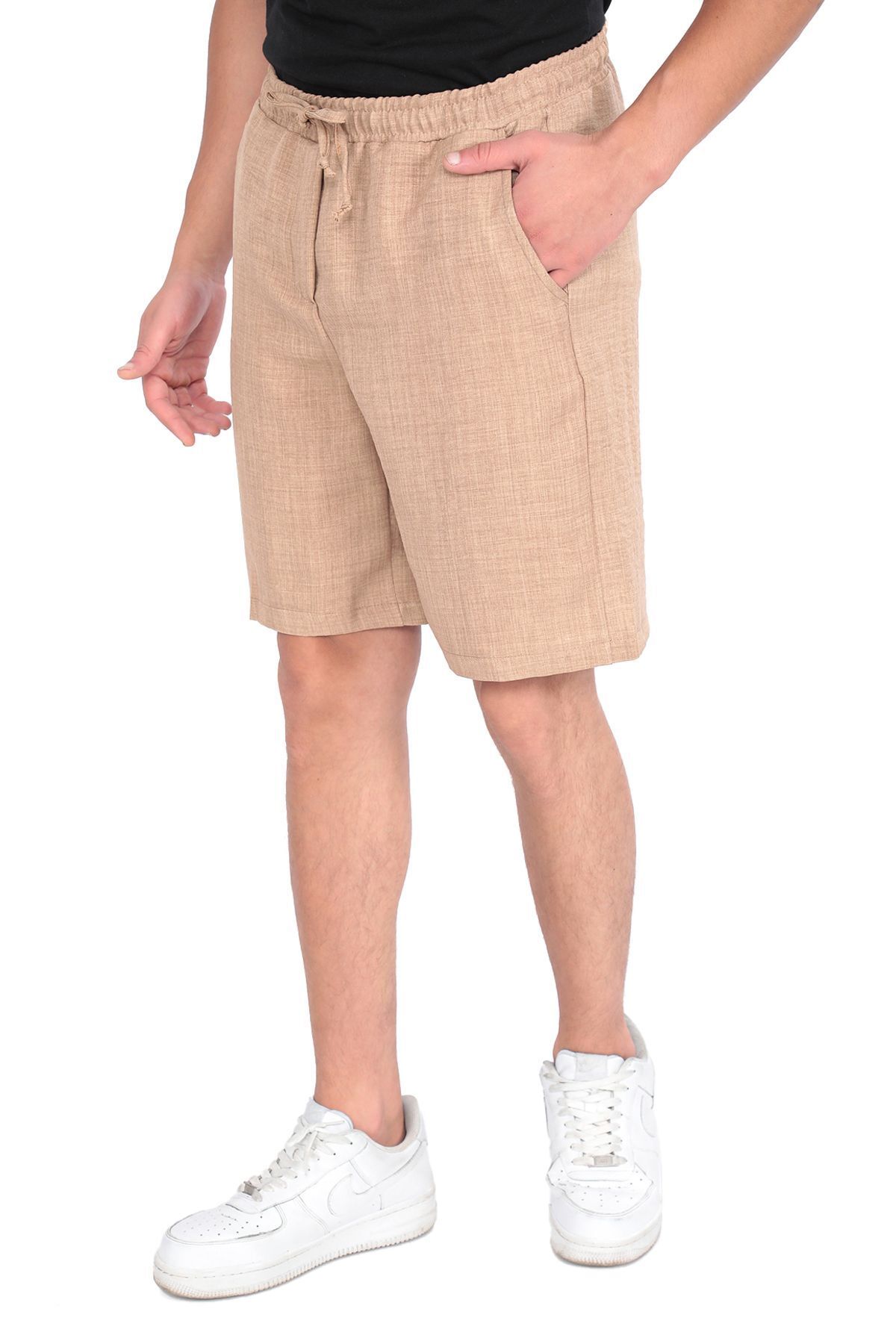 REYNEV-Linen Textured Men's Summer Shorts - Comfortable Fit with Elastic Waist and Pockets 5