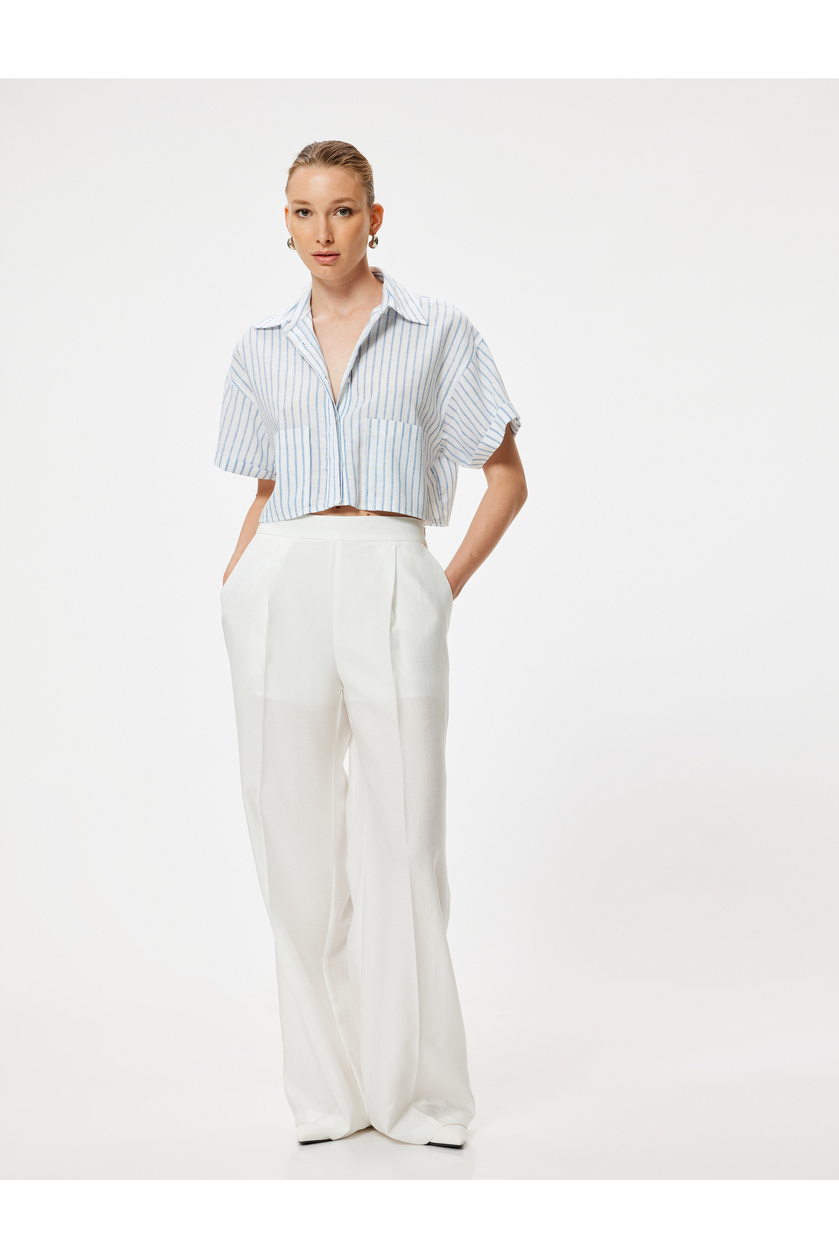 جیب آستین کوتاه پیراهن کتانی برش با جزئیات مناسب مناسب