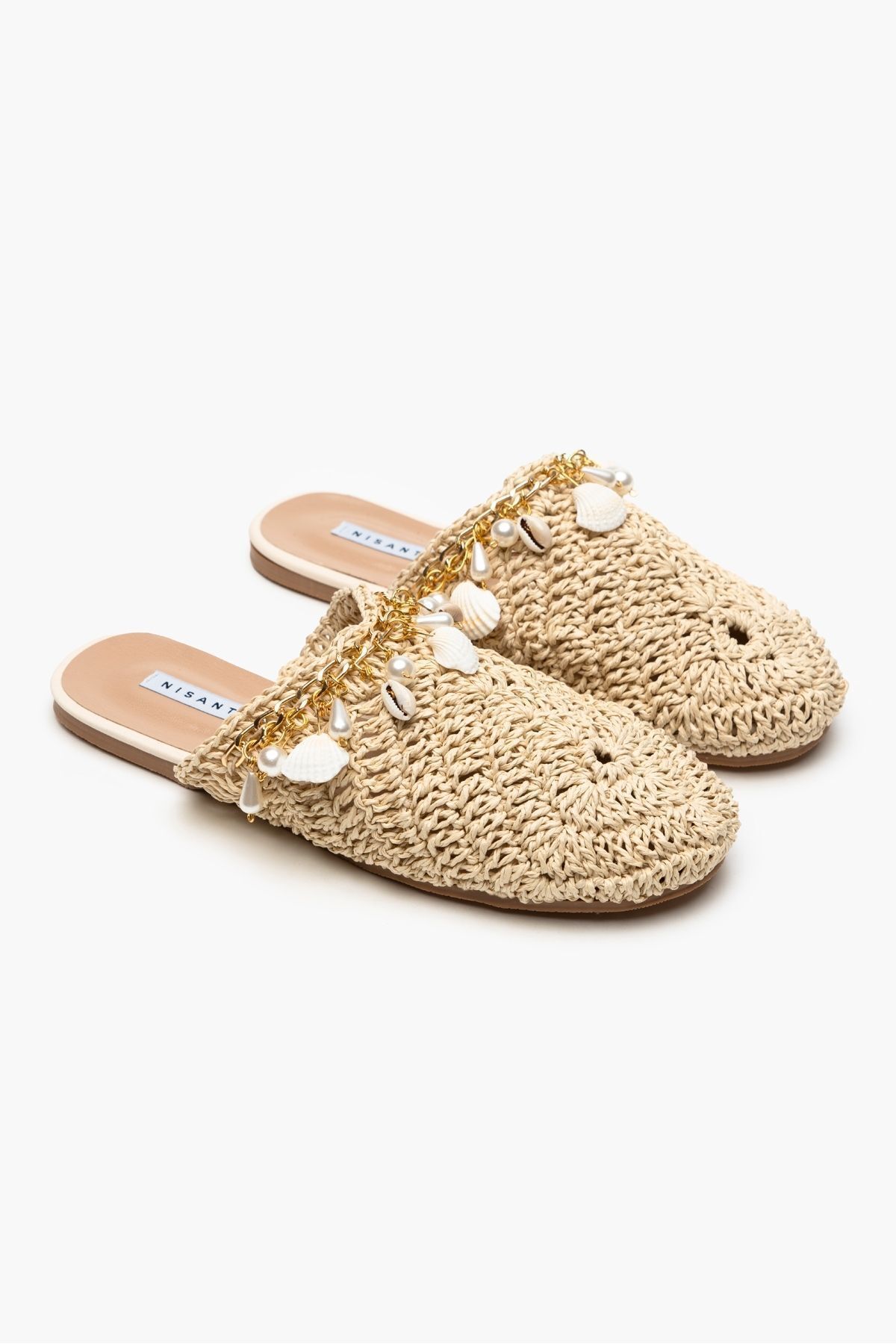 NİŞANTAŞI SHOES-Beżowe Kate Knitted - Kapcie damskie z muszlowym wzorem 4