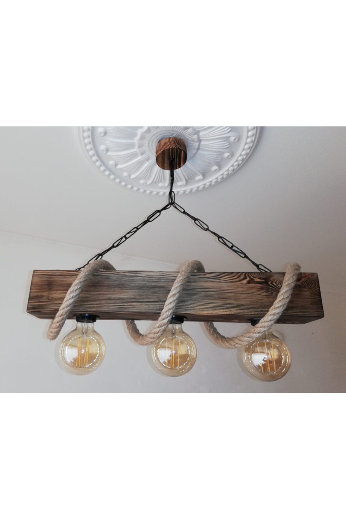 AHŞAP ATÖLYE Retro Ahşap Kütük 3 Lü Otantik Halat Sarkıt Aydınlatma