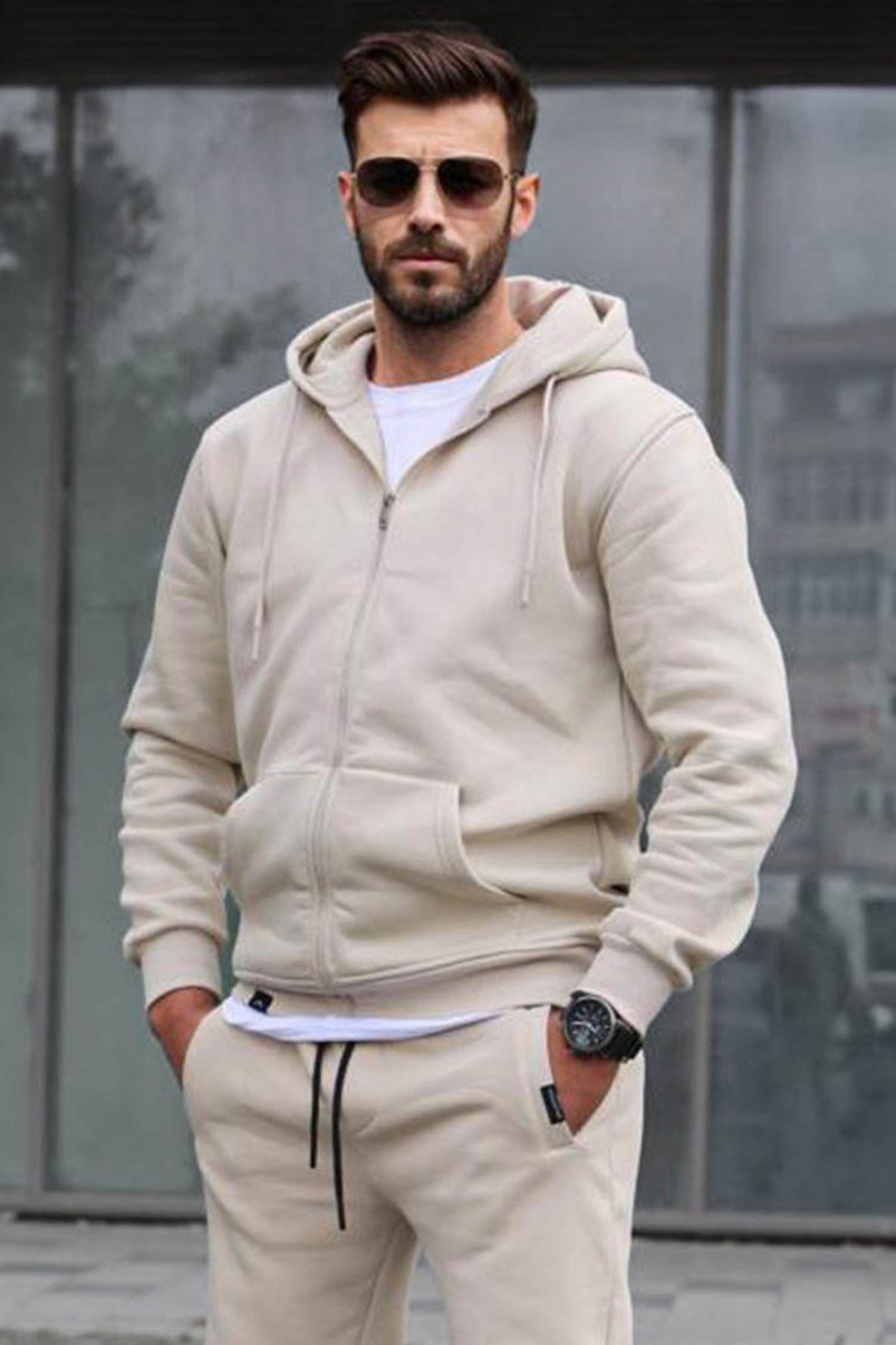 Erkek Üç İplik Şardonlu Kalın Polar Hırka — بژ BBHRK006 — تصویر 1 از 2