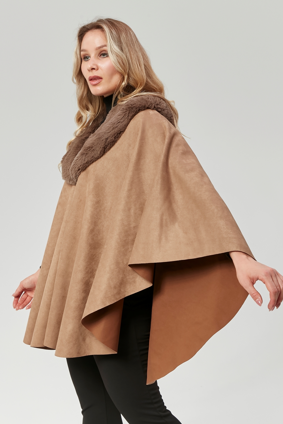 FUR SUEDE PONCHO, MILK COFFEE