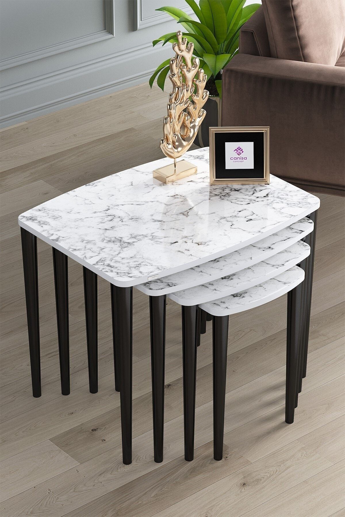 Telwe Series Top Quality Mdf 4-Piece Zigon Coffee Table Set with White Marble Pattern / Black