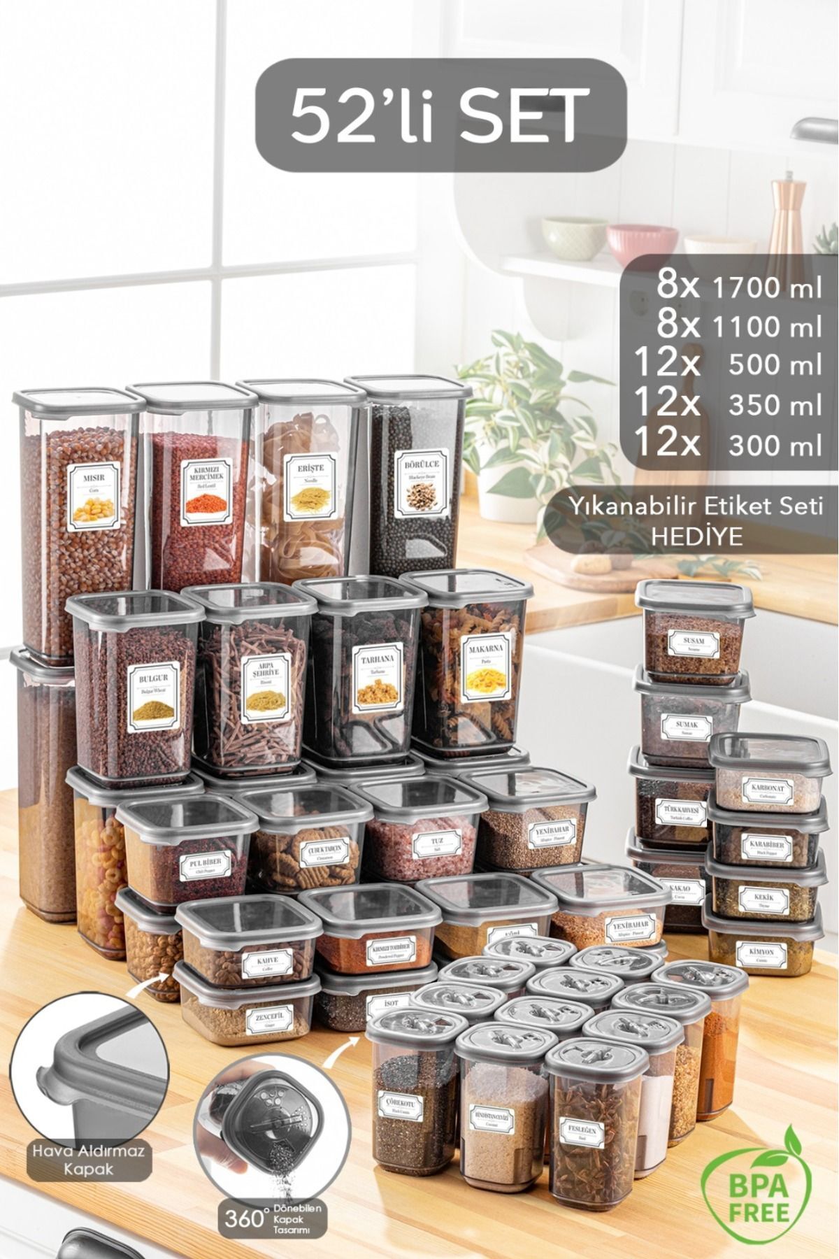Meleni Home 52 Parça Mega Seti Kare Erzak Ve Bakliyat Saklama Kabı Baharatlık 12x(300ML 500ML) 8x(1100ML 1700ML)