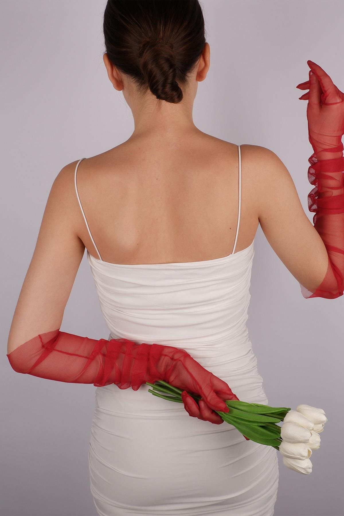 Hayalperest boncuk Kırmızı Uzun Şık Gelin Eldiveni Tül Eldiven Nikah/düğün Eldiveni görsel 3
