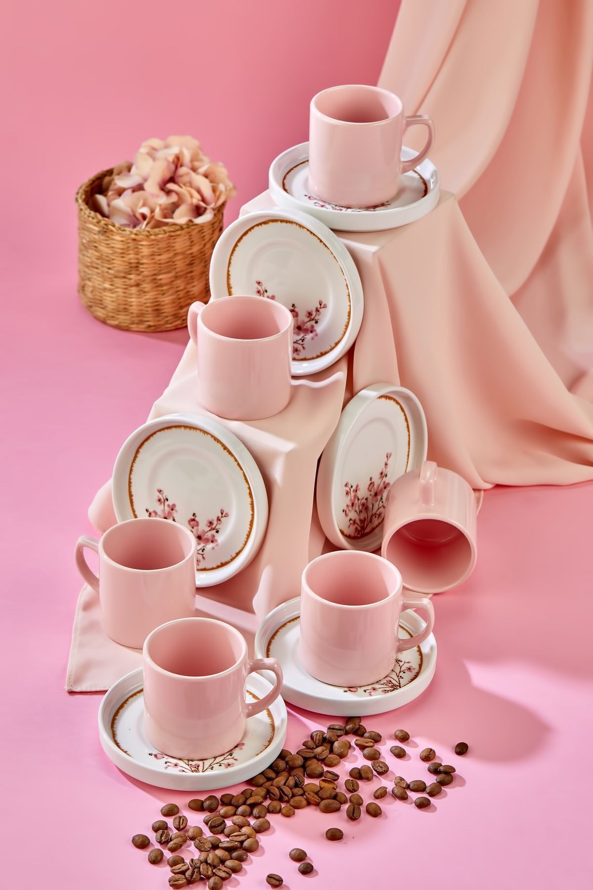 Babion-Bond Sakura 12 Piece Luxury Ceramic Coffee Cup Set for 6 People Pink 5