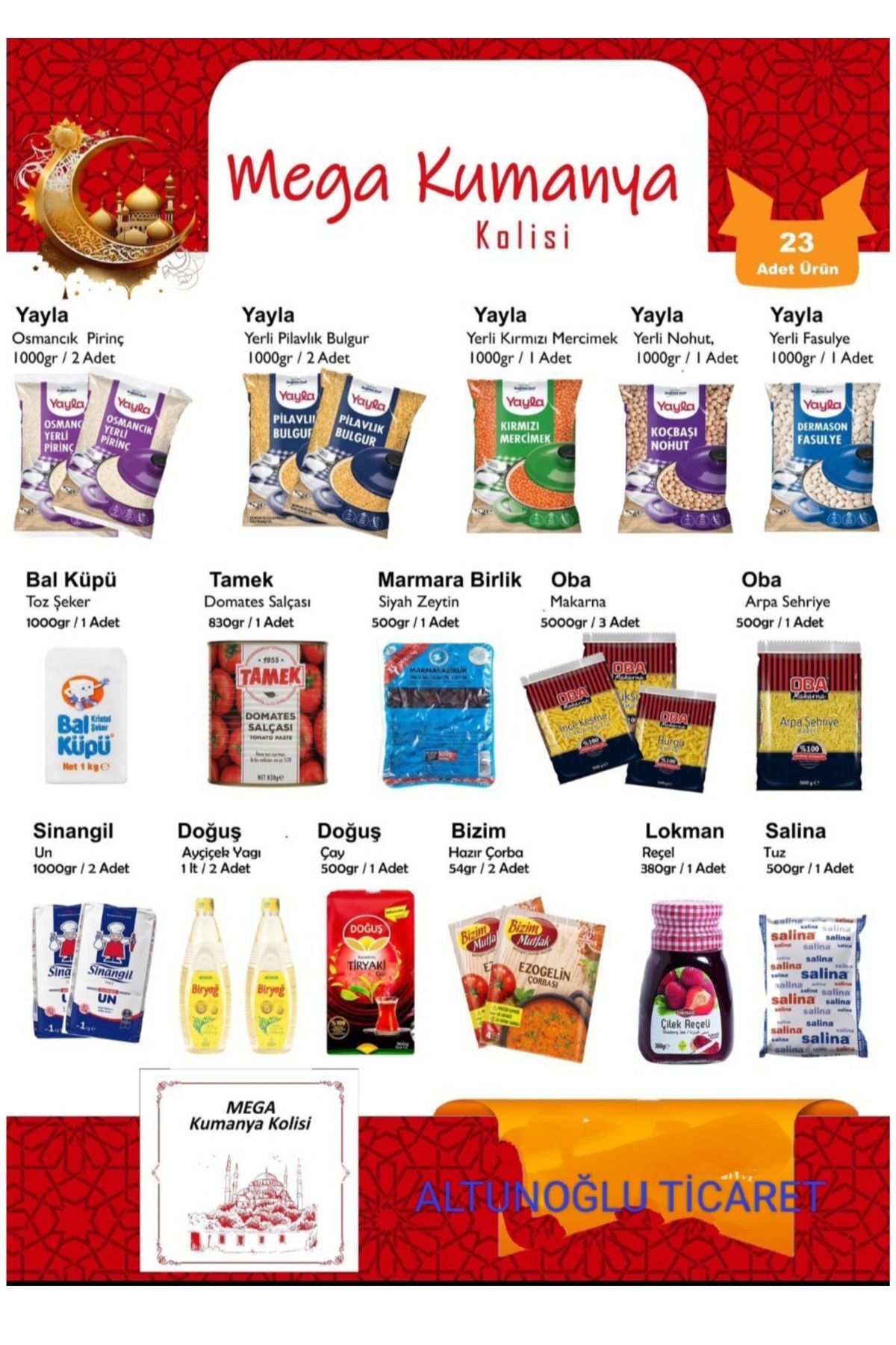altunoğlu Ramazan paketi kumanya yardım gıda erzak kolisi 18 parça ürün 13 kg